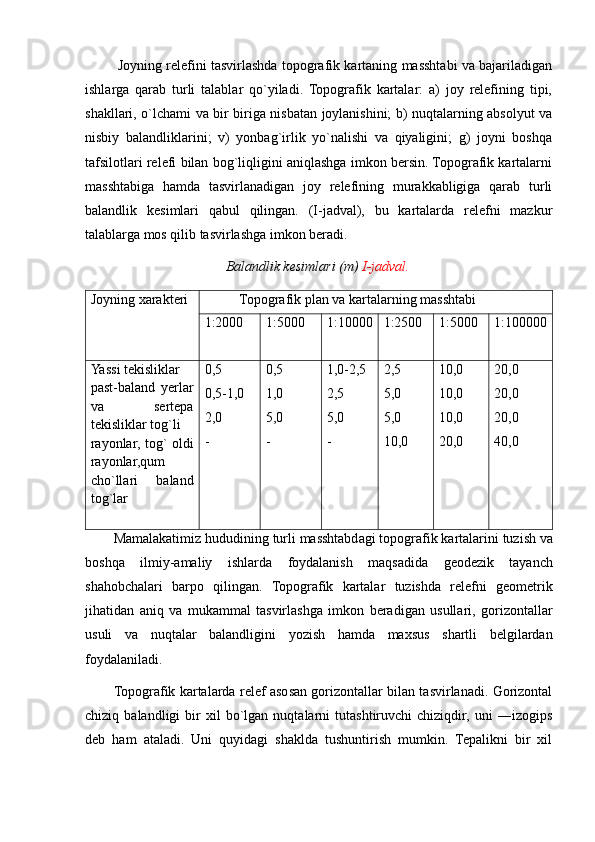 Joyning relefini tasvirlashda topografik kartaning masshtabi va bajariladigan
ishlarga   qarab   turli   talablar   qo`yiladi.   Topografik   kartalar:   a)   joy   relefining   tipi,
shakllari, o`lchami va bir biriga nisbatan joylanishini; b) nuqtalarning absolyut va
nisbiy   balandliklarini;   v)   yonbag`irlik   yo`nalishi   va   qiyaligini;   g)   joyni   boshqa
tafsilotlari relefi bilan bog`liqligini aniqlashga imkon bersin. Topografik kartalarni
masshtabiga   hamda   tasvirlanadigan   joy   relefining   murakkabligiga   qarab   turli
balandlik   kesimlari   qabul   qilingan.   (I-jadval),   bu   kartalarda   relefni   mazkur
talablarga mos qilib tasvirlashga imkon beradi.
                                 Balandlik kesimlari (m)  I-jadval.
Joyning xarakteri           Topografik plan va kartalarning masshtabi
1:2000 1:5000 1:10000 1:2500 1:5000 1:100000
Yassi tekisliklar
past-baland   yerlar
va   sertepa
tekisliklar tog`li
rayonlar, tog` oldi
rayonlar,qum
cho`llari   baland
tog`lar 0,5
0,5-1,0
2,0
- 0,5
1,0
5,0
- 1,0-2,5
2,5
5,0
- 2,5
5,0
5,0
10,0 10,0
10,0
10,0
20,0 20,0
20,0
20,0
40,0
Mamalakatimiz   hududining   turli   masshtabdagi   topografik   kartalarini   tuzish   va
boshqa   ilmiy - amaliy   ishlarda   foydalanish   maqsadida   geodezik   tayanch
shahobchalari   barpo   qilingan .   Topografik   kartalar   tuzishda   relefni   geometrik
jihatidan   aniq   va   mukammal   tasvirlashga   imkon   beradigan   usullari ,   gorizontallar
usuli   va   nuqtalar   balandligini   yozish   hamda   maxsus   shartli   belgilardan
foydalaniladi .
Topografik kartalarda relef asosan gorizontallar bilan tasvirlanadi. Gorizontal
chiziq  balandligi   bir   xil   bo`lgan  nuqtalarni   tutashtiruvchi   chiziqdir,   uni   ―izogips
deb   ham   ataladi.   Uni   quyidagi   shaklda   tushuntirish   mumkin.   Tepalikni   bir   xil
                                                                                                                                                                                                       
                                                                                                       