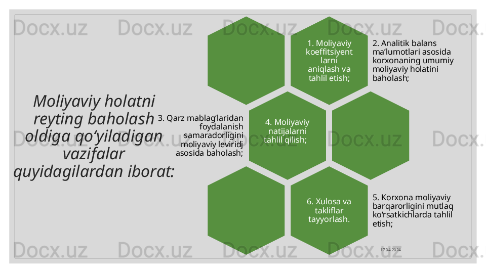 Moliyaviy holatni 
reyting baholash 
oldiga qo‘yiladigan 
vazifalar 
quyidagilardan iborat: 1. Moliyaviy 
koeffitsiyent
larni 
aniqlash va 
tahlil etish; 2. Analitik balans 
ma’lumotlari asosida 
korxonaning umumiy 
moliyaviy holatini 
baholash;
4. Moliyaviy 
natijalarni 
tahlil qilish;   
 3. Qarz mablag‘laridan 
foydalanish 
samaradorligini 
moliyaviy leviridj 
asosida baholash;
6. Xulosa va 
takliflar 
tayyorlash. 5. Korxona moliyaviy 
barqarorligini mutlaq 
ko‘rsatkichlarda tahlil 
etish;
17.04.2024  