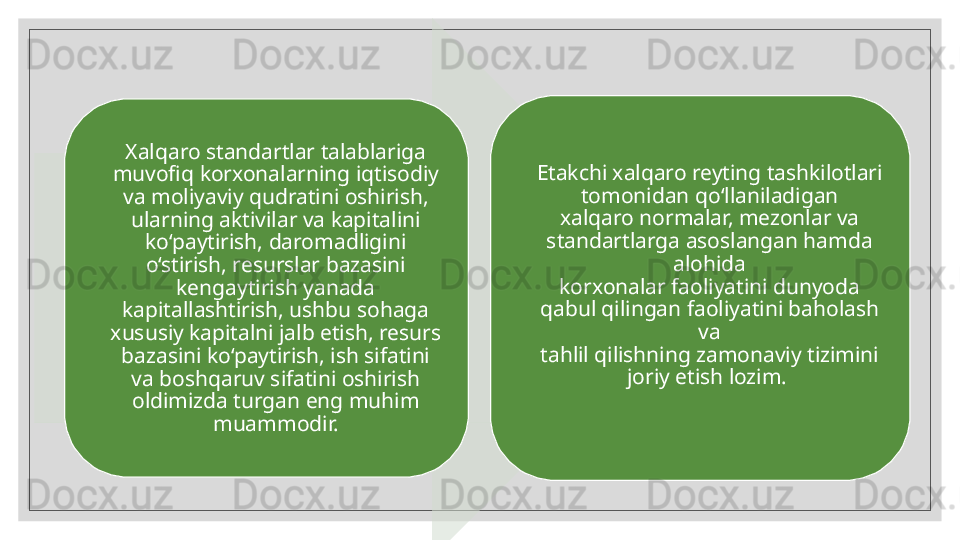 Xalqaro standartlar talablariga 
muvofiq korxonalarning iqtisodiy 
va   moliyaviy qudratini oshirish, 
ularning aktivilar va kapitalini  
ko‘paytirish, daromadligini 
o‘stirish, resurslar bazasini 
kengaytirish   yanada 
kapitallashtirish, ushbu sohaga 
xususiy kapitalni jalb etish, resurs  
bazasini ko‘paytirish, ish sifatini 
va boshqaruv sifatini oshirish  
oldimizda turgan eng muhim 
muammodir. Etakchi xalqaro reyting tashkilotlari 
tomonidan qo‘llaniladigan
xalqaro normalar, mezonlar va 
standartlarga asoslangan hamda 
alohida
korxonalar faoliyatini dunyoda 
qabul qilingan faoliyatini baholash 
va
tahlil qilishning zamonaviy tizimini 
joriy etish lozim.   