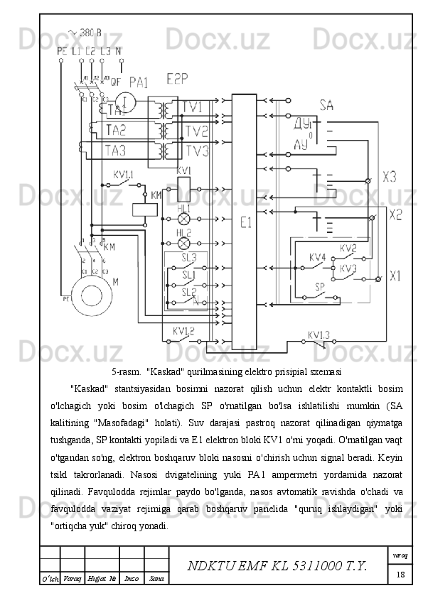 5-rasm.  "Kaskad" qurilmasining elektro prisipial sxemasi
"Kaskad"   stantsiyasidan   bosimni   nazorat   qilish   uchun   elektr   kontaktli   bosim
o'lchagich   yoki   bosim   o'lchagich   SP   o'rnatilgan   bo'lsa   ishlatilishi   mumkin   (SA
kalitining   "Masofadagi"   holati).   Suv   darajasi   pastroq   nazorat   qilinadigan   qiymatga
tushganda, SP kontakti yopiladi va E1 elektron bloki KV1 o'rni yoqadi. O'rnatilgan vaqt
o'tgandan so'ng, elektron boshqaruv bloki nasosni  o'chirish uchun signal beradi. Keyin
tsikl   takrorlanadi.   Nasosi   dvigatelining   yuki   PA1   ampermetri   yordamida   nazorat
qilinadi.   Favqulodda   rejimlar   paydo   bo'lganda,   nasos   avtomatik   ravishda   o'chadi   va
favqulodda   vaziyat   rejimiga   qarab   boshqaruv   panelida   "quruq   ishlaydigan"   yoki
"ortiqcha yuk" chiroq yonadi.
NDKTU EMF KL  5311000 T.Y. varoq
18
O ‘ lch Varaq Hujjat   № Imzo Sana 