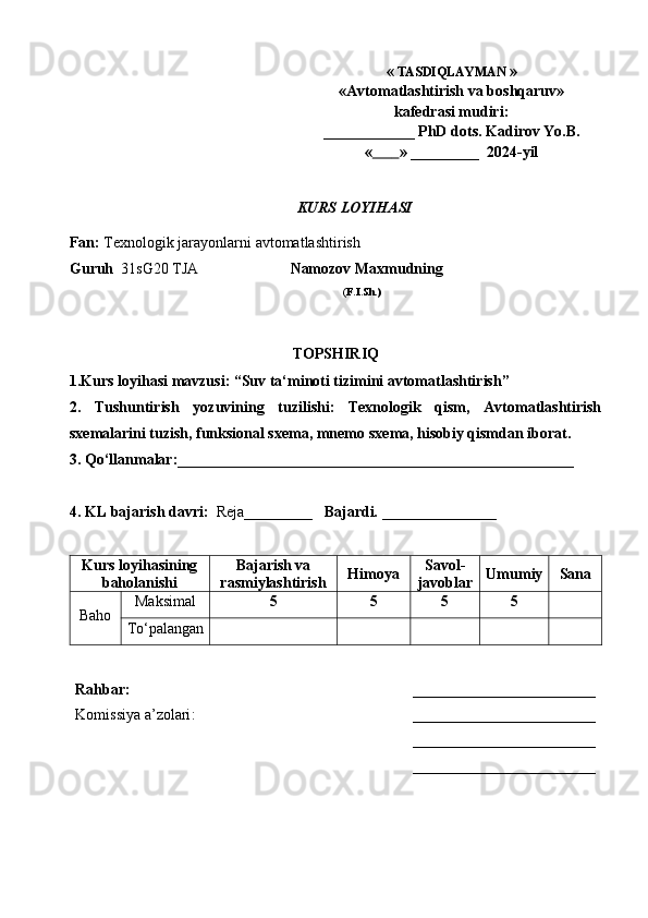 «  TASDIQLAYMAN  »
«Avtomatlashtirish va  b oshqaruv» 
kafedrasi mudiri :
___ _________   PhD dots. Kadirov Yo.B.
«               »  _______ __   202 4-yil
KURS LOYIHASI
Fan:   Texnologik jarayonlarni avtomatlashtirish
Guruh   31sG20 TJA                         Namozov Maxmudning 
                                                                                 ( F.I.Sh.)
TOPSHIRIQ
1.Kurs loyihasi mavzusi : “ Suv ta‘minoti tizimini avtomatlashtirish”
2.   Tushuntirish   yozuvining   tuzilishi:   Texnologik   qism,   Avtomatlashtirish
sxemalarini tuzish, funksional sxema, mnemo sxe ma, hisobiy qismdan iborat.
3. Qo‘llanmalar:____________________________________________________
4. K L bajarish davri :     Reja _______ __    Bajardi.  ___ _ ___________
Kurs loyihasining
baholanishi Bajarish va
rasmiylashtirish Himoya Savol-
javoblar Umumiy Sana
Baho Maksimal 5 5 5 5
To‘palangan
Rahbar: ____________ ____________
Komissiya a’zolari : _ _______________________
_ _______________________
_ _______________________ 