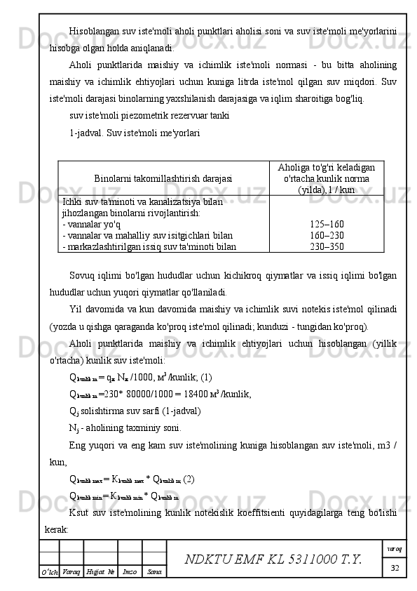 Hisoblangan suv iste'moli aholi punktlari aholisi soni va suv iste'moli me'yorlarini
hisobga olgan holda aniqlanadi.
Aholi   punktlarida   maishiy   va   ichimlik   iste'moli   normasi   -   bu   bitta   aholining
maishiy   va   ichimlik   ehtiyojlari   uchun   kuniga   litrda   iste'mol   qilgan   suv   miqdori.   Suv
iste'moli darajasi binolarning yaxshilanish darajasiga va iqlim sharoitiga bog'liq.
suv iste'moli piezometrik rezervuar tanki
1-jadval. Suv iste'moli me'yorlari
Binolarni takomillashtirish darajasi Aholiga to'g'ri keladigan
o'rtacha kunlik norma
(yilda), l / kun
Ichki suv ta'minoti va kanalizatsiya bilan 
jihozlangan binolarni rivojlantirish:
- vannalar yo'q
- vannalar va mahalliy suv isitgichlari bilan
- markazlashtirilgan issiq suv ta'minoti bilan 125–160
160–230
230–350
Sovuq   iqlimi   bo'lgan   hududlar   uchun   kichikroq   qiymatlar   va   issiq   iqlimi   bo'lgan
hududlar uchun yuqori qiymatlar qo'llaniladi.
Yil davomida va kun davomida maishiy va ichimlik suvi notekis iste'mol  qilinadi
(yozda u qishga qaraganda ko'proq iste'mol qilinadi; kunduzi - tungidan ko'proq).
Aholi   punktlarida   maishiy   va   ichimlik   ehtiyojlari   uchun   hisoblangan   (yillik
o'rtacha) kunlik suv iste'moli:
Q
kunlik m  = q
ж  N
ж   /1000,  м 3 
/kunlik; (1)
Q
kunlik   m   =230* 80000/1000 = 18400 м 3 
/kunlik,
Q
j   solishtirma suv sarfi (1-jadval)
N
j  - aholining taxminiy soni.
Eng   yuqori   va  eng   kam   suv   iste'molining   kuniga  hisoblangan   suv   iste'moli,   m3   /
kun,
Q
kunlik max  =  К
kunlik max  * Q
kunlik m;  (2)
Q
kunlik min  =  К
kunlik min  * Q
kunlik m
Ksut   suv   iste'molining   kunlik   notekislik   koeffitsienti   quyidagilarga   teng   bo'lishi
kerak:
NDKTU EMF KL  5311000 T.Y. varoq
32
O ‘ lch Varaq Hujjat   № Imzo Sana 