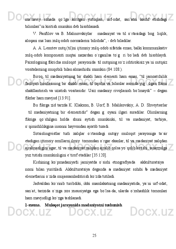 ma’naviy   sohada   qo`lga   kiritgan   yutuqlari,   urf-odat,   san’atni   kashf   etishdagi
bilimlari”ni kiritish mumkin deb hisoblanadi. 
V.   Panfilov   va   B.   Malinovskiylar   madaniyat   va   til   o`rtasidagi   bog liqlik, 
aloqani ma`lum xulq-odob normalarini bilishda”, - deb biladilar.
A. A. Leontev nutq (til)ni ijtimoiy xulq-odob sifatida emas, balki kommunikativ
xulq-odob   komponenti   nuqtai   nazardan   o`rganilsa   to`g ri   bo`ladi   deb   hisoblaydi.	

Psixologning fikricha muloqot  jarayonida  til nutqning so`z ishtirokisiz ya`ni nutqsiz
vositalarning muqobili bilan almashishi mumkin (84.108.).
Biroq,   til   madaniyatning   bir   shakli   ham   elementi   ham   emas,   “til   jamoatchilik
faoliyati hosilasining bir shakli emas, til tajriba va bilimlar asosida yig ilgan fikrni	

shakllantirish   va   uzatish   vositasidir.   Usiz   madaniy   rivojlanish   bo`lmaydi”   –   degan
fikrlar ham mavjud [13:91]. 
Bu  fikrga  zid   tarzda   K.  Klakxon,  B.  Uorf,  B.   Malikovskiy,   A.   D.   S h veytserlar
til   madaniyatning   bir   elementidir”   degan   g oyani   ilgari   suradilar.   Olimlarning	
 
fikriga   qo`shilgan   holda   shuni   aytish   mumkinki,   til   va   madaniyat,   tarbiya,
o`qimishlilikgina insonni hayvondan ajratib turadi.     
Sotsiolingvistlar   turli   xalqlar   o`rtasidagi   nutqiy   muloqot   jarayoniga   ta`sir
etadigan ijtimoiy omillarni ilmiy  tomondan o`rgar ekanlar, til va madaniyat xalqdan
ajralmasligini agar, til va madaniyat xalqdan ajralib qolsa yo`qolib ketishi, tanazzulga
yuz tutishi mumkinligini e`tirof etadilar [35:120].
Kishining   ko`pmadaniyatli   jamiyatda   o`sishi   etnografiyada   akkulturatsiya	
 
nomi   bilan   yuritiladi.   Akkulturatsiya   deganda   a   madaniyat   sohibi   b   madaniyat
el e metlarini o`zida mujassamlashtirish ko`zda tutiladi.
Jadvaldan   ko`rinib   turibdiki,   ikki   mamlakatning   madaniyatida,   ya`ni   urf-odat,
san`at,   tarixida   o`ziga   xos   xususiyatga   ega   bo`lsa-da,   ularda   o`xshashlik   tomonlari
ham mavjudligi ko`zga tashlanadi.
1-sxema.    Muloqot jarayonida madaniyatni tushunish
25 