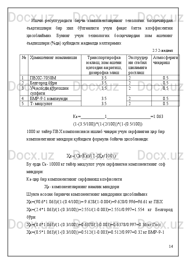     Ишчи   ресуптурадаги   барча   компонентларнинг   тенологик   босқичлардан
ёъқотишлари   бир   хил   бўлганлиги   учун   фақат   битта   коэффисентни
ҳисоблаймиз.   Бунинг   учун   технологик   босқичлардан   хом   ашёнинг
ёъқлишлари (%да) қуйидаги жадвалда келтирамиз:
2.5 2-жадвал
№ Ҳомашёнинг номланиши Транспортирофка
юклаш, хом ашёни
қоғоздан ажратиш,
дозирофка элаш Экструдер
ни стабил 
шиламига 
ростлаш Атмосферага
чиқариш
1 ПВХC-7058М 3.5 2 0.5
2 Белгород бўри 3.5 2 0.5
3 Уч асосли қўрғошин 
сулфати 3.5 2 0.5
4 БМР-9-1 компаунди 3.5 2 0.5
5 Т- маҳсулот 3.5 2 0.5
К К  = ___________1____________________=1.063
               (1-(3.5/100))*(1-(2/100))*(1-(0.5/100))
1000 кг тайёр ПВХ композисияси ишлаб чиқари учун сарфланган ҳар бир 
компонентнинг миқдори қуйидаги формула бойича ҳисобланади:
Ҳ К = (C К* К К )/(1-(Ҳ К /100))
Бу ерда C К - 10000 кг тайёр маҳсулот учун сарфланган компонентнинг соф 
миқдори:
К К -ҳар бир компонентнинг сарфланиш коэфисенти
Ҳ К - компонентларнинг намлик миқдори
Шунга асосан биринчи компонентнинг миқдорини ҳисоблаймиз:
Ҳк=(90.6*1.063)/(1-(0.4/100))= 9.628/(1-0.004)=9.628/0.996=96.61 кг ПБХ
Ҳк=(2.4*1.063)/(1-(0.3/100))=2.551/(1-0.003)=2.551/0.997=1.554   кг   Белгород
бўри
Ҳк=(0.6*1.063)/(1-(0.3/100))=0.6378/(1-0.003)=0.6378/0.997=0.36 кг Госс
Ҳк=(0.5*1.063)/(1-(0.3/100))=0.512/(1-0.003)=0.512/0.997=0.32 кг БМР-9-1
14 