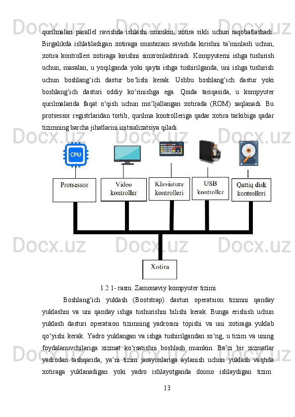 13qurilmalari   parallel   ravishda   ishlashi   mumkin,   xotira   sikli   uchun   raqobatlashadi.
Birgalikda   ishlatiladigan   xotiraga   muntazam   ravishda   kirishni   ta’minlash   uchun,
xotira   kontrolleri   xotiraga   kirishni   sinxronlashtiradi.   Kompyuterni   ishga   tushirish
uchun,   masalan,   u   yoqilganda   yoki   qayta   ishga   tushirilganda,   uni   ishga   tushirish
uchun   boshlang‘ich   dastur   bo lishi   kerak.   Ushbu   boshlang‘ich   dastur   yokiʻ
boshlang‘ich   dasturi   oddiy   ko rinishga   ega.   Qoida   tariqasida,   u   kompyuter
ʻ
qurilmalarida   faqat   o qish   uchun   mo ljallangan   xotirada   (ROM)   saqlanadi.   Bu	
ʻ ʻ
protsessor   registrlaridan   tortib,   qurilma   kontrolleriga   qadar   xotira   tarkibiga   qadar
tizimning barcha jihatlarini initsializatsiya qiladi.
1.2.1-   rasm.   Zamonaviy   kompyuter   tizimi
Boshlang‘ich   yuklash   (Bootstrap)   dasturi   operatsion   tizimni   qanday
yuklashni   va   uni   qanday   ishga   tushurishni   bilishi   kerak.   Bunga   erishish   uchun
yuklash   dasturi   operatsion   tizimning   yadrosini   topishi   va   uni   xotiraga   yuklab
qo yishi   kerak.   Yadro   yuklangan   va  ishga   tushirilgandan   so ng,   u  tizim   va   uning	
ʻ ʻ
foydalanuvchilariga   xizmat   ko rsatishni   boshlash   mumkin.   Ba’zi   bir   xizmatlar	
ʻ
yadrodan   tashqarida,   ya’ni   tizim   jarayonlariga   aylanish   uchun   yuklash   vaqtida
xotiraga     yuklanadigan     yoki     yadro     ishlayotganda     doimo     ishlaydigan     tizim 