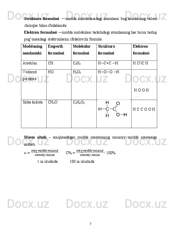 Struktura   formulasi      ̶̶   ̶̶ modda   molekulasidagi   atomlarni   bog‘lanishining   valent
chiziqlar bilan ifodalanishi.
Elektron formulasi   	
 ̶̶ ̶̶ modda molekulasi tarkibidagi atomlaming har birini tashqi
pog‘onasidagi elektronlarini ifodalovchi formula.
Moddaning
nomlanishi Emperik
formulasi Molekular
formulasi Struktura
formulasi Elektron
formulasi
Atsetilen CH C
2 H
2 H	
 ̶̶ ̶   C ≡
C   H	 ̶̶ ̶̶ H:C ⋮ ⋮
C:H
Vodorod
peroksid HO H
2 O
2 H  O  O   H	
 ̶̶ ̶̶  ̶̶ ̶̶  ̶ ̶̶
  	
∙∙  ∙∙
 H:O:O:H
   ∙ ∙ ∙ ∙
 
Sirka kislota CH
2 O C
2 H
4 O
2
H:C:C:O:O:H
Massa   ulush   –   aniqlanadigan   modda   massasining   umumiy   modda   massasiga
nisbati.	
ω
 =  aniq modda massasi
umumiy massa        C% = 	aniq	modda	massasi	
umumiy	massa · 100%
 1 ni ulushida            100 ni ulushida 
7 