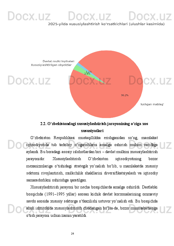 242.2. O‘zbekistondagi xususiylashtirish jarayonining o‘ziga xos
xususiyatlari
O‘zbekiston   Respublikasi   mustaqillikka   erishganidan   so‘ng,   mamlakat
iqtisodiyotida   tub   tarkibiy   o‘zgarishlarni   amalga   oshirish   muhim   vazifaga
aylandi. Bu boradagi asosiy islohotlardan biri – davlat mulkini xususiylashtirish
jarayonidir.   Xususiylashtirish   O‘zbekiston   iqtisodiyotining   bozor
mexanizmlariga   o‘tishidagi   strategik   yo‘nalish   bo‘lib,   u   mamlakatda   xususiy
sektorni   rivojlantirish,   mulkchilik   shakllarini   diversifikatsiyalash   va   iqtisodiy
samaradorlikni oshirishga qaratilgan.
Xususiylashtirish jarayoni bir necha bosqichlarda amalga oshirildi. Dastlabki
bosqichda   (1991–1995   yillar)   asosan   kichik   davlat   korxonalarining   ommaviy
savdo asosida xususiy sektorga o‘tkazilishi ustuvor yo‘nalish edi. Bu bosqichda
aholi ishtirokida xususiylashtirish cheklangan bo‘lsa-da, bozor munosabatlariga
o'tish jarayoni uchun zamin yaratildi. 