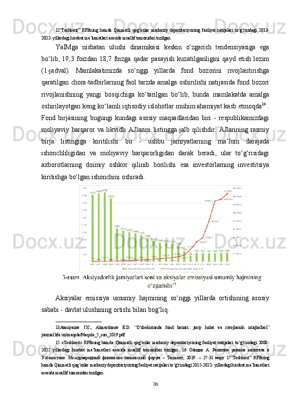 12“Toshkent”   RFBning   hamda   Qimmatli   qog‘ozlar   markaziy   depozitariysining   faoliyat   natijalari   to‘g‘risidagi   2013-
2022- yillardagi hisobot ma’lumotlari asosida muallif tomonidan tuzilgan.
YaIMga   nisbatan   ulushi   dinamikasi   keskin   o‘zgarish   tendensiyasiga   ega
bo‘lib,   19,3   foizdan   18,7   foizga   qadar   pasayish   kuzatilganligini   qayd   etish   lozim
(1-jadval).   Mamlakatimizda   so‘nggi   yillarda   fond   bozorini   rivojlantirishga
qaratilgan chora-tadbirlarning faol tarzda amalga oshirilishi natijasida fond bozori
rivojlanishning   yangi   bosqichiga   ko‘tarilgan   bo‘lib,   bunda   mamlakatda   amalga
oshirilayotgan keng ko‘lamli iqtisodiy islohotlar muhim ahamiyat kasb etmoqda 14
 .
Fond   birjasining   bugungi   kundagi   asosiy   maqsadlaridan   biri   -   respublikamizdagi
moliyaviy   barqaror   va   likvidli   AJlarini   listingga   jalb   qilishdir.   AJlarining   rasmiy
birja   listingiga   kiritilishi   bu   -   ushbu   jamiyatlarning   ma’lum   darajada
ishonchliligidan   va   moliyaviy   barqarorligidan   darak   beradi,   ular   to‘g‘risidagi
axborotlarning   doimiy   oshkor   qilinib   borilishi   esa   investorlarning   investitsiya
kiritishga bo‘lgan ishonchini oshiradi. 
Aksiyalar   emissiya   umumiy   hajmining   so‘nggi   yillarda   ortishining   asosiy
sababi - davlat ulushining ortishi bilan bog‘liq. 
_____________________ 
13Ataniyazov   J.X.,   Alimardonov   E.D.   “O‘zbekistonda   fond   bozori:   joriy   holat   va   rivojlanish   istiqbollari”
journal.bfa.uz/maqola/Maqola_5_son_2019.pdf
15   «Toshkent»   RFBning   hamda   Qimmatli   qog‘ozlar   markaziy   depozitariysining   faoliyat   natijalari   to‘g‘risidagi   2000-
2022   yillardagi   hisobot   ma’lumotlari   asosida   muallif   tomonidan   tuzilgan.   16   Обидов   А .   Развитие   рынков   капитала   в
Узбекистане .   Международный   финансово - банковский   форум   –   Ташкент ,   2019.   –   27-31   март   17“Toshkent”   RFBning
hamda Qimmatli qog‘ozlar markaziy depozitariysining faoliyat natijalari to‘g‘risidagi 2015-2022- yillardagi hisobot ma’lumotlari
asosida muallif tomonidan tuzilgan.
36 