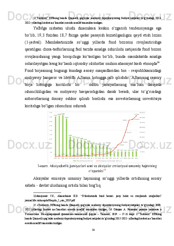 12“Toshkent”   RFBning   hamda   Qimmatli   qog‘ozlar   markaziy   depozitariysining   faoliyat   natijalari   to‘g‘risidagi   2013-
2022- yillardagi hisobot ma’lumotlari asosida muallif tomonidan tuzilgan.
YaIMga   nisbatan   ulushi   dinamikasi   keskin   o‘zgarish   tendensiyasiga   ega
bo‘lib,   19,3   foizdan   18,7   foizga   qadar   pasayish   kuzatilganligini   qayd   etish   lozim
(1-jadval).   Mamlakatimizda   so‘nggi   yillarda   fond   bozorini   rivojlantirishga
qaratilgan chora-tadbirlarning faol tarzda amalga oshirilishi natijasida fond bozori
rivojlanishning   yangi   bosqichiga   ko‘tarilgan   bo‘lib,   bunda   mamlakatda   amalga
oshirilayotgan keng ko‘lamli iqtisodiy islohotlar muhim ahamiyat kasb etmoqda 14
 .
Fond   birjasining   bugungi   kundagi   asosiy   maqsadlaridan   biri   -   respublikamizdagi
moliyaviy   barqaror   va   likvidli   AJlarini   listingga   jalb   qilishdir.   AJlarining   rasmiy
birja   listingiga   kiritilishi   bu   -   ushbu   jamiyatlarning   ma’lum   darajada
ishonchliligidan   va   moliyaviy   barqarorligidan   darak   beradi,   ular   to‘g‘risidagi
axborotlarning   doimiy   oshkor   qilinib   borilishi   esa   investorlarning   investitsiya
kiritishga bo‘lgan ishonchini oshiradi. 
Aksiyalar   emissiya   umumiy   hajmining   so‘nggi   yillarda   ortishining   asosiy
sababi - davlat ulushining ortishi bilan bog‘liq. 
_____________________ 
13Ataniyazov   J.X.,   Alimardonov   E.D.   “O‘zbekistonda   fond   bozori:   joriy   holat   va   rivojlanish   istiqbollari”
journal.bfa.uz/maqola/Maqola_5_son_2019.pdf
15   «Toshkent»   RFBning   hamda   Qimmatli   qog‘ozlar   markaziy   depozitariysining   faoliyat   natijalari   to‘g‘risidagi   2000-
2022   yillardagi   hisobot   ma’lumotlari   asosida   muallif   tomonidan   tuzilgan.   16   Обидов   А .   Развитие   рынков   капитала   в
Узбекистане .   Международный   финансово - банковский   форум   –   Ташкент ,   2019.   –   27-31   март   17“Toshkent”   RFBning
hamda Qimmatli qog‘ozlar markaziy depozitariysining faoliyat natijalari to‘g‘risidagi 2015-2022- yillardagi hisobot ma’lumotlari
asosida muallif tomonidan tuzilgan.
36