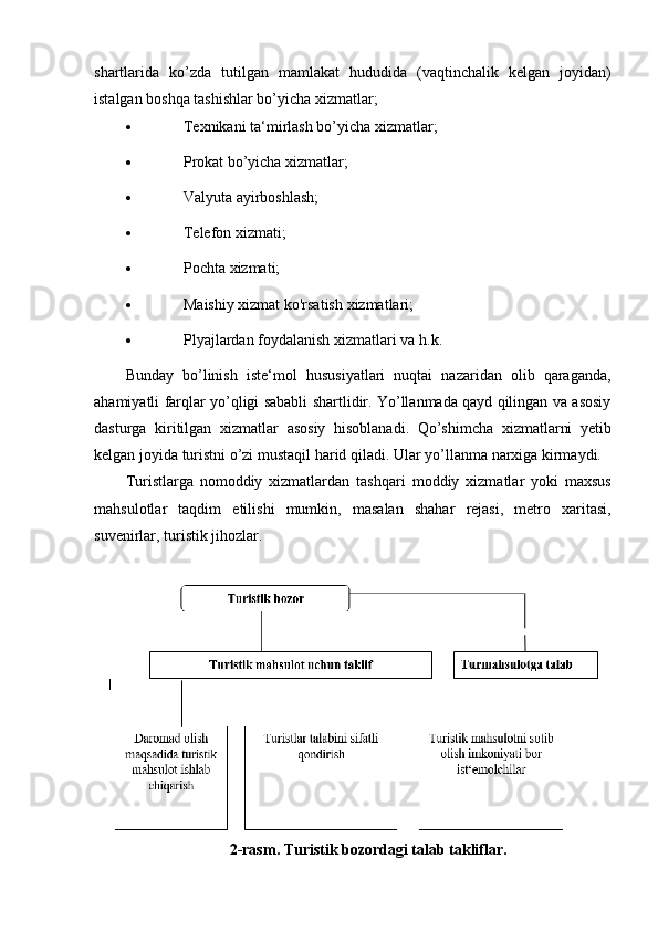 shartlarida   ko’zda   t u tilgan   mamlakat   hududida   (vaqtinchalik   kelgan   joyidan)
istalgan   boshqa   tashishlar bo’yicha   xizmatlar;
 Texnikani   ta‘mirlash   bo’yicha   xizmatlar;
 Prokat   bo ’ yicha   xizmatlar;
 Valyuta   ayirboshlash;
 Telefon   xizmati;
 Pochta   xizmati;
 Maishiy   xizmat   ko'rsatish   xizmatlari;
 Plyajlardan   foydalanish   xizmatlari   va   h.k.
Bunday   bo’linish   iste‘mol   hususiyatlari   nuqtai   nazaridan   olib   qaraganda,
ahamiyatli farqlar yo’qligi sababli shartlidir. Yo’llanmada qayd qilingan va asosiy
dasturga   kiritilgan   xizmatlar   asosiy   hisoblanadi.   Qo’shimcha   xizmatlarni   y etib
kelgan   joyida   turistni   o’zi   mustaqil   harid   qiladi.   Ular   yo’llanma   narxiga   kirmaydi.
Turistlarga   nomoddiy   xizmatlardan   tashqari   moddiy   xizmatlar   yoki   maxsus
mahsulotlar   taqdim   etilishi   mumkin,   masalan   shahar   rejasi,   metro   xaritasi,
suvenirlar,   turistik jihozlar.
2-rasm. Turistik bozordagi talab takliflar. 
