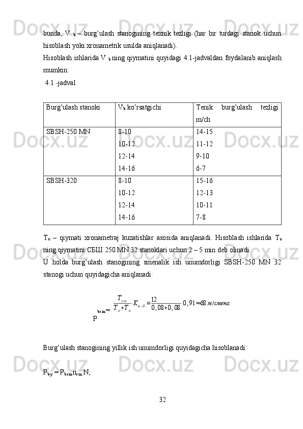 bunda,   V  
b   –   burg’ulash   stanogining   texnik   tezligi   (har   bir   turdagi   stanok   uchun
hisoblash yoki xronametrik usulda aniqlanadi). 
Hisoblash ishlarida V  
b   ning qiymatini quyidagi   4 .1-jadvaldan foydalanib aniqlash
mumkin:
  4 .1.-jadval
T
v   –   qiymati   xronametraj   kuzatishlar   asosida   aniqlanadi.   Hisoblash   ishlarida   T
v
ning qiymatini СБШ 250 MN 32 stanoklari uchun 2 – 5 min deb olinadi.
U   holda   burg’ulash   stanogining   smenalik   ish   unumdorligi   SBSH-250   MN   32
stanogi uchun quyidagicha aniqlanadi:
P b.sm  = Тсм	
То+Тв
⋅Kи.б.=12
0,08	+0,08	⋅0,91	≈68	м/смена
Burg’ulash stanogining yillik ish unumdorligi quyidagicha hisoblanadi:
P
b.y  = P
b.sm  n
sm.  N;
32Burg’ulash stanoki V
b  ko’rsatgichi Tenik   burg’ulash   tezligi
m/ch
SBSH-250 MN 8-10
10-12
12-14
14-16 14-15
11-12
9-10
6-7
SBSH-320 8-10
10-12
12-14
14-16 15-16
12-13
10-11
7-8 