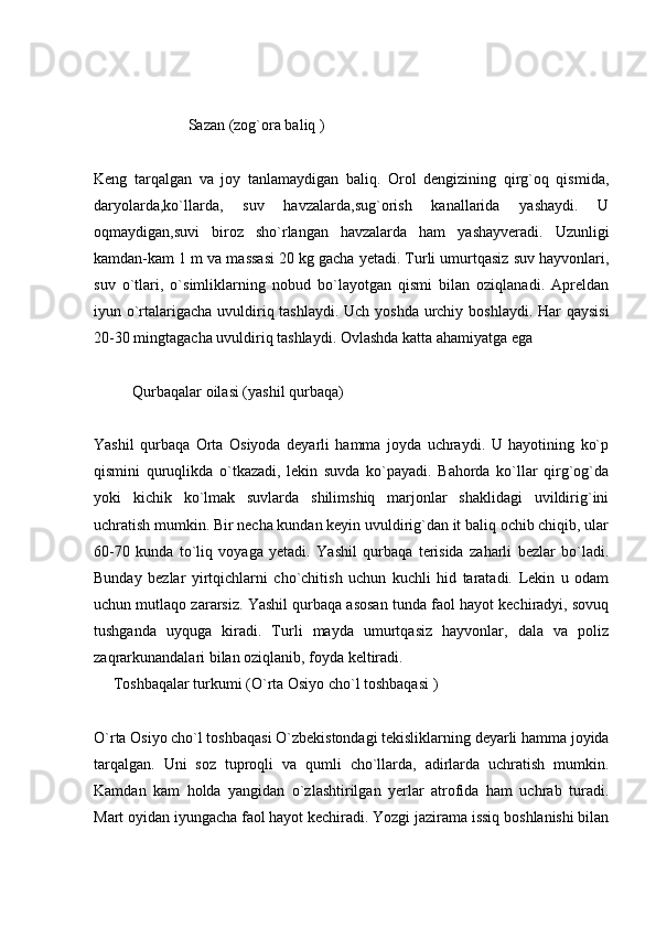       Sazan (zog`ora baliq )
Keng   tarqalgan   va   joy   tanlamaydigan   baliq.   Orol   dengizining   qirg`oq   qismida,
daryolarda,ko`llarda,   suv   havzalarda,sug`orish   kanallarida   yashaydi.   U
oqmaydigan,suvi   biroz   sho`rlangan   havzalarda   ham   yashayveradi.   Uzunligi
kamdan-kam 1 m va massasi 20 kg gacha yetadi. Turli umurtqasiz suv hayvonlari,
suv   o`tlari,   o`simliklarning   nobud   bo`layotgan   qismi   bilan   oziqlanadi.   Apreldan
iyun o`rtalarigacha uvuldiriq tashlaydi. Uch yoshda urchiy boshlaydi. Har qaysisi
20-30 mingtagacha uvuldiriq tashlaydi. Ovlashda katta ahamiyatga ega 
          Qurbaqalar oilasi (yashil qurbaqa) 
Yashil   qurbaqa   Orta   Osiyoda   deyarli   hamma   joyda   uchraydi.   U   hayotining   ko`p
qismini   quruqlikda   o`tkazadi,   lekin   suvda   ko`payadi.   Bahorda   ko`llar   qirg`og`da
yoki   kichik   ko`lmak   suvlarda   shilimshiq   marjonlar   shaklidagi   uvildirig`ini
uchratish mumkin. Bir necha kundan keyin uvuldirig`dan it baliq ochib chiqib, ular
60-70   kunda   to`liq   voyaga   yetadi.   Yashil   qurbaqa   terisida   zaharli   bezlar   bo`ladi.
Bunday   bezlar   yirtqichlarni   cho`chitish   uchun   kuchli   hid   taratadi.   Lekin   u   odam
uchun mutlaqo zararsiz. Yashil qurbaqa asosan tunda faol hayot kechiradyi, sovuq
tushganda   uyquga   kiradi.   Turli   mayda   umurtqasiz   hayvonlar,   dala   va   poliz
zaqrarkunandalari bilan oziqlanib, foyda keltiradi. 
     Toshbaqalar turkumi (O`rta Osiyo cho`l toshbaqasi ) 
O`rta Osiyo cho`l toshbaqasi O`zbekistondagi tekisliklarning deyarli hamma joyida
tarqalgan.   Uni   soz   tuproqli   va   qumli   cho`llarda,   adirlarda   uchratish   mumkin.
Kamdan   kam   holda   yangidan   o`zlashtirilgan   yerlar   atrofida   ham   uchrab   turadi.
Mart oyidan iyungacha faol hayot kechiradi. Yozgi jazirama issiq boshlanishi bilan 