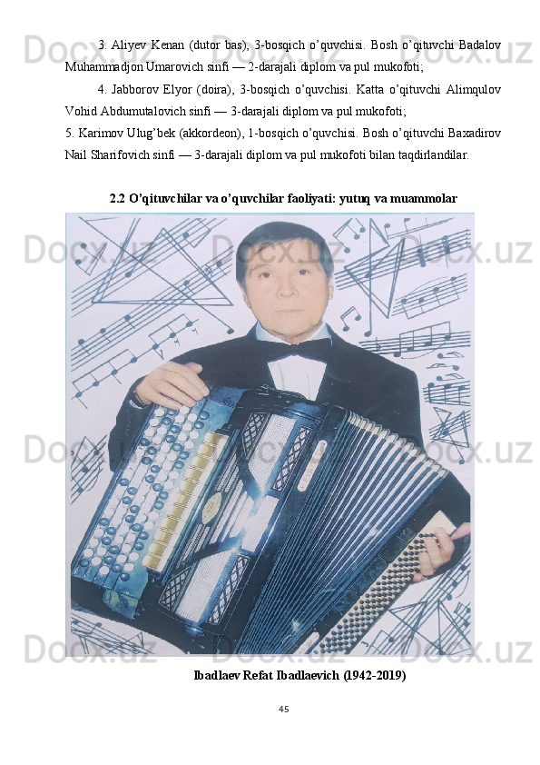 3.   Aliyev   Kenan   (dutor   bas),   3-bosqich   o’quvchisi.   Bosh   o’qituvchi   Badalov
Muhammadjon Umarovich sinfi — 2-darajali diplom va pul mukofoti;
4.   Jabborov   Elyor   (doira),   3-bosqich   o’quvchisi.   Katta   o’qituvchi   Alimqulov
Vohid Abdumutalovich sinfi — 3-darajali diplom va pul mukofoti;
5. Karimov Ulug’bek (akkordeon), 1-bosqich o’quvchisi. Bosh o’qituvchi Baxadirov
Nail Sharifovich sinfi — 3-darajali diplom va pul mukofoti bilan taqdirlandilar.
2.2  O’qituvchilar va o’quvchilar faoliyati: yutuq va muammolar
Ibadlaev Refat Ibadlaevich (1942-2019)
45 