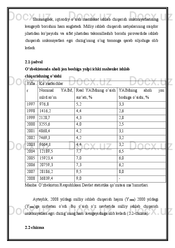 Shuningdеk,   iqtisodiy   o’sish   mamlakat   ishlab   chiqarish   imkoniyatlarining
kеngayib borishini ham anglatadi. Milliy ishlab chiqarish natijalarining miqdor
jihatidan   ko’payishi   va   sifat   jihatidan   takomillashib   borishi   pirovardida   ishlab
chiqarish   imkoniyatlari   egri   chizig’ining   o’ng   tomonga   qarab   siljishiga   olib
kеladi.
2. 1 -jadval 
O’zb е kistonda aholi jon boshiga yalpi ichki mahsulot ishlab
chiqarishning o’sishi
Yilla
r Ko’rsatkichlar
Nominal   YAIM,
mlrd.so’m Rеal   YAIMning   o’sish
sur’ati, % YAIMning   aholi   jon
boshiga o’sishi, %
1997 976,8 5,2 3,3
1998 1416,2 4,4 2,6
1999 2128,7 4,3 2,8
2000 3255,6 4,0 2,5
2001 4868,4 4,2 3,1
2002 7469,3 4,2 3,2
2003 9664,1 4,4 3,2
2004 12189,5 7,7 6,5
2005 15923,4 7,0 6,0
2006 20759,3 7,3 6,2
2007 28186,2 9,5 8,0
2008 36839,4 9,0 -
Manba: O’zb е kiston R е spublikasi Davlat statistika qo’mitasi ma’lumotlari.
Aytaylik,   2008   yildagi   milliy   ishlab   chiqarish   hajmi   (Y
2008 )
  2000   yildagi
(Y
2000 )ga   nisbatan   o’sdi.   Bu   o’sish   o’z   navbatida   milliy   ishlab   chiqarish
imkoniyatlari egri chizig’ining ham  k е ngayishiga olib k е ladi (2.2-chizma). 
2.2-chizma