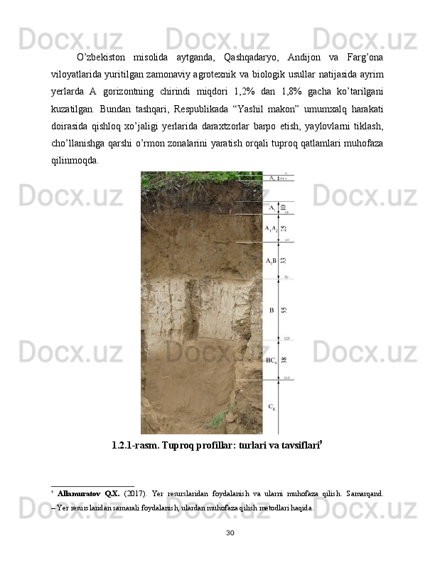 O’zbekiston   misolida   aytganda,   Qashqadaryo,   Andijon   va   Farg’ona
viloyatlarida yuritilgan zamonaviy agrotexnik va biologik usullar natijasida ayrim
yerlarda   A   gorizontning   chirindi   miqdori   1,2%   dan   1,8%   gacha   ko’tarilgani
kuzatilgan.   Bundan   tashqari,   Respublikada   “Yashil   makon”   umumxalq   harakati
doirasida   qishloq   xo’jaligi   yerlarida   daraxtzorlar   barpo   etish,   yaylovlarni   tiklash,
cho’llanishga qarshi o’rmon zonalarini yaratish orqali tuproq qatlamlari muhofaza
qilinmoqda.
1.2.1-rasm. Tuproq profillar: turlari va tavsiflari 9
9
  Allamuratov   Q.X.   (2017).   Yer   resurslaridan   foydalanish   va   ularni   muhofaza   qilish .   Samarqand.
– Yer resurslaridan samarali foydalanish, ulardan muhofaza qilish metodlari haqida.
30 