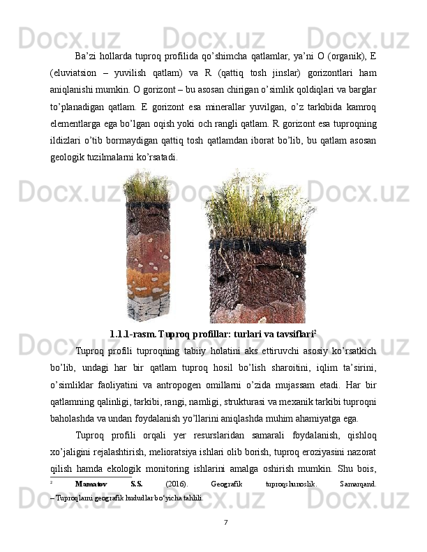 Ba’zi   hollarda   tuproq   profilida   qo’shimcha   qatlamlar,   ya’ni   O   (organik),   E
(eluviatsion   –   yuvilish   qatlam)   va   R   (qattiq   tosh   jinslar)   gorizontlari   ham
aniqlanishi mumkin. O gorizont – bu asosan chirigan o’simlik qoldiqlari va barglar
to’planadigan   qatlam.   E   gorizont   esa   minerallar   yuvilgan,   o’z   tarkibida   kamroq
elementlarga ega bo’lgan oqish yoki och rangli qatlam. R gorizont esa tuproqning
ildizlari   o’tib   bormaydigan   qattiq   tosh   qatlamdan   iborat   bo’lib,   bu   qatlam   asosan
geologik tuzilmalarni ko’rsatadi.
1.1.1-rasm.   Tuproq profillar: turlari va tavsiflari 2
Tuproq   profili   tuproqning   tabiiy   holatini   aks   ettiruvchi   asosiy   ko’rsatkich
bo’lib,   undagi   har   bir   qatlam   tuproq   hosil   bo’lish   sharoitini,   iqlim   ta’sirini,
o’simliklar   faoliyatini   va   antropogen   omillarni   o’zida   mujassam   etadi.   Har   bir
qatlamning qalinligi, tarkibi, rangi, namligi, strukturasi va mexanik tarkibi tuproqni
baholashda va undan foydalanish yo’llarini aniqlashda muhim ahamiyatga ega.
Tuproq   profili   orqali   yer   resurslaridan   samarali   foydalanish,   qishloq
xo’jaligini rejalashtirish, melioratsiya ishlari olib borish, tuproq eroziyasini nazorat
qilish   hamda   ekologik   monitoring   ishlarini   amalga   oshirish   mumkin.   Shu   bois,
2
  Mamatov   S.S.   (2016).   Geografik   tuproqshunoslik .   Samarqand.
– Tuproqlarni geografik hududlar bo‘yicha tahlili.
7 