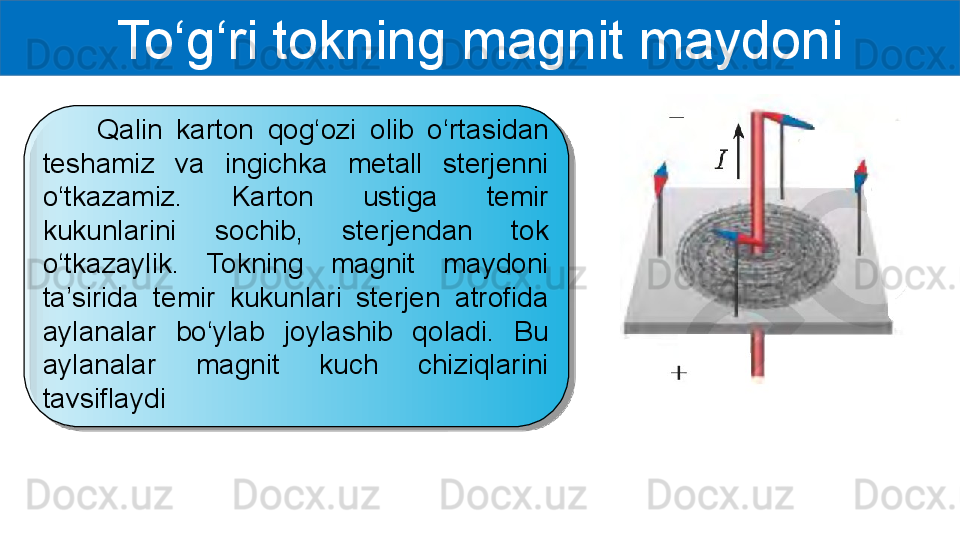 To‘g‘ri tokning magnit maydoni
        Qalin  karton  qog‘ozi  olib  o‘rtasidan 
teshamiz  va  ingichka  metall  sterjenni 
o‘tkazamiz.  Karton  ustiga  temir 
kukunlarini  sochib,  sterjendan  tok 
o‘tkazaylik.  Tokning  magnit  maydoni 
ta’sirida  temir  kukunlari  sterjen  atrofida 
aylanalar  bo‘ylab  joylashib  qoladi.  Bu 
aylanalar  magnit  kuch  chiziqlarini 
tavsiflaydi  