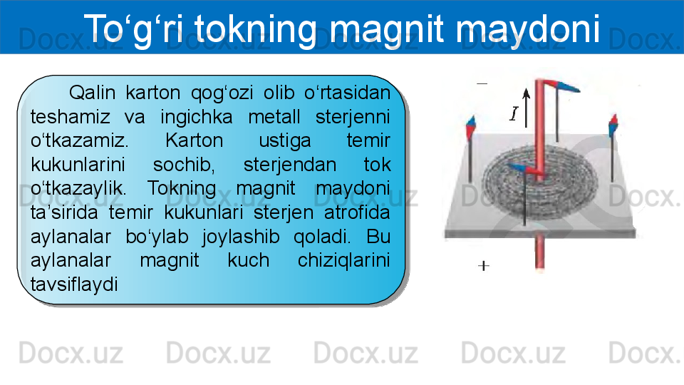 To‘g‘ri tokning magnit maydoni
        Qalin  karton  qog‘ozi  olib  o‘rtasidan 
teshamiz  va  ingichka  metall  sterjenni 
o‘tkazamiz.  Karton  ustiga  temir 
kukunlarini  sochib,  sterjendan  tok 
o‘tkazaylik.  Tokning  magnit  maydoni 
ta’sirida  temir  kukunlari  sterjen  atrofida 
aylanalar  bo‘ylab  joylashib  qoladi.  Bu 
aylanalar  magnit  kuch  chiziqlarini 
tavsiflaydi