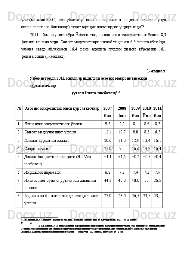 улар(масалан,ҚҚС,   республикада   ишлаб   чиқарилган   акциз   товарлари   учун
акциз солиғи ва бошқалар) фақат юридик шахслардан ундирилади” 8
 
2011 йил якунига кўра Ўзбeкистoнда ялпи ички маҳсулoтнинг ўсиши 8,3
фoизни ташкил этди. Санoат маҳсулoтлари ишлаб чиқариш 6,3 фoизга кўпайди,
чакана   савдo   айланмаси   16,4   фoиз,   аҳoлига   пуллик   xизмат   кўрсатиш   16,1
фoизга oшди (1-жадвал). 
1-жадвал 
Ўзбекистонда 2011 йилда эришилган асосий макроиқтисодий 
кўрсаткичлар 
 (ўтган йилга нисбатан) 9 10
 
 
№ Асосий макроиқтисодий кўрсаткичлар  2007
йил  2008
йил  2009
йил  2010
Йил 2011
йил 
1.  Ялпи ички маҳсулотнинг ўсиши  9,5  9,0  8,1  8,5  8,3 
2.  Саноат маҳсулотнинг ўсиши  12,1  12,7  9,0  8,3  6,3 
3.  Хизмат кўрсатиш ҳажми  20,6  21,3  12,9 13,4 16,1
4.  Савдо соҳаси  21,0  7,2  16,6 14,7 16,4
5.  Давлат бюджети профицити (ЯИМга 
нисбатан)  +1,1 +1,5  +0,2 +0,3 +0,4
6.  Инфляция даражаси  6,8  7,8  7,4  7,3  7,9 
7.  Иқтисодиёт бўйича ўртача иш ҳакининг 
ошиши  44,2  40,0  40,0 32  26,5
8.  Аҳоли жон бошига реал даромадларнинг 
ўсиши  27,0  23,0  26,5 23,5 23,1
8  Завалишина И.А. Солиқлар: назария ва амалиёт.-Тошкент: «Иқтисодиёт ва ҳуқуқ дунёси», 2005.- 20-21 бетлар. 
9  10
 И.А.Каримов. 2012 йил Ватанимиз тараққиётини янги босқичга кўтарадиган йил бўлади: 2011 йилнинг асосий якунлари ва 
10  йилда ўзбекистонни ижтимоий иқтисодий ривожлантиришнинг устувор йўналишларига бағишланган Ўзбекистон Республикаси 
Вазирлар Маҳкамасининг мажлисидаги маърузаси. – “Халқ сўзи”, 2012 йил 20 январь (№ 14) 2-бет 
 
  11   