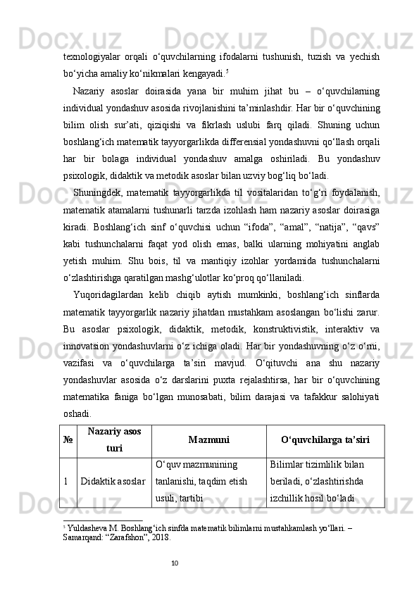 10texnologiyalar   orqali   o‘quvchilarning   ifodalarni   tushunish,   tuzish   va   yechish
bo‘yicha amaliy ko‘nikmalari kengayadi. 5
Nazariy   asoslar   doirasida   yana   bir   muhim   jihat   bu   –   o‘quvchilarning
individual yondashuv asosida rivojlanishini ta’minlashdir. Har bir o‘quvchining
bilim   olish   sur’ati,   qiziqishi   va   fikrlash   uslubi   farq   qiladi.   Shuning   uchun
boshlang‘ich matematik tayyorgarlikda differensial yondashuvni qo‘llash orqali
har   bir   bolaga   individual   yondashuv   amalga   oshiriladi.   Bu   yondashuv
psixologik, didaktik va metodik asoslar bilan uzviy bog‘liq bo‘ladi.
Shuningdek,   matematik   tayyorgarlikda   til   vositalaridan   to‘g‘ri   foydalanish,
matematik atamalarni  tushunarli  tarzda  izohlash ham  nazariy asoslar  doirasiga
kiradi.   Boshlang‘ich   sinf   o‘quvchisi   uchun   “ifoda”,   “amal”,   “natija”,   “qavs”
kabi   tushunchalarni   faqat   yod   olish   emas,   balki   ularning   mohiyatini   anglab
yetish   muhim.   Shu   bois,   til   va   mantiqiy   izohlar   yordamida   tushunchalarni
o‘zlashtirishga qaratilgan mashg‘ulotlar ko‘proq qo‘llaniladi.
Yuqoridagilardan   kelib   chiqib   aytish   mumkinki,   boshlang‘ich   sinflarda
matematik  tayyorgarlik  nazariy  jihatdan  mustahkam   asoslangan  bo‘lishi  zarur.
Bu   asoslar   psixologik,   didaktik,   metodik,   konstruktivistik,   interaktiv   va
innovatsion yondashuvlarni  o‘z ichiga oladi. Har  bir  yondashuvning o‘z o‘rni,
vazifasi   va   o‘quvchilarga   ta’siri   mavjud.   O‘qituvchi   ana   shu   nazariy
yondashuvlar   asosida   o‘z   darslarini   puxta   rejalashtirsa,   har   bir   o‘quvchining
matematika   faniga   bo‘lgan   munosabati,   bilim   darajasi   va   tafakkur   salohiyati
oshadi.
№ Nazariy asos
turi Mazmuni O‘quvchilarga ta’siri
1 Didaktik asoslar O‘quv mazmunining 
tanlanishi, taqdim etish 
usuli, tartibi Bilimlar tizimlilik bilan 
beriladi, o‘zlashtirishda 
izchillik hosil bo‘ladi
5
  Yuldasheva M.  Boshlang‘ich sinfda matematik bilimlarni mustahkamlash yo‘llari . – 
Samarqand: “Zarafshon”, 2018. 