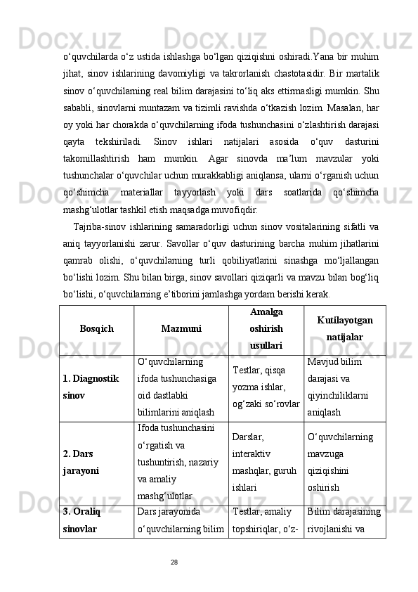 28o‘quvchilarda o‘z ustida ishlashga bo‘lgan qiziqishni oshiradi.Yana bir muhim
jihat,   sinov   ishlarining   davomiyligi   va   takrorlanish   chastotasidir.   Bir   martalik
sinov o‘quvchilarning real bilim darajasini to‘liq aks ettirmasligi mumkin. Shu
sababli, sinovlarni muntazam va tizimli ravishda o‘tkazish lozim. Masalan, har
oy yoki har chorakda o‘quvchilarning ifoda tushunchasini o‘zlashtirish darajasi
qayta   tekshiriladi.   Sinov   ishlari   natijalari   asosida   o‘quv   dasturini
takomillashtirish   ham   mumkin.   Agar   sinovda   ma’lum   mavzular   yoki
tushunchalar o‘quvchilar uchun murakkabligi aniqlansa, ularni o‘rganish uchun
qo‘shimcha   materiallar   tayyorlash   yoki   dars   soatlarida   qo‘shimcha
mashg‘ulotlar tashkil etish maqsadga muvofiqdir.
Tajriba-sinov   ishlarining   samaradorligi   uchun   sinov   vositalarining   sifatli   va
aniq   tayyorlanishi   zarur.   Savollar   o‘quv   dasturining   barcha   muhim   jihatlarini
qamrab   olishi,   o‘quvchilarning   turli   qobiliyatlarini   sinashga   mo‘ljallangan
bo‘lishi lozim. Shu bilan birga, sinov savollari qiziqarli va mavzu bilan bog‘liq
bo‘lishi, o‘quvchilarning e’tiborini jamlashga yordam berishi kerak.
Bosqich Mazmuni Amalga
oshirish
usullari Kutilayotgan
natijalar
1. Diagnostik 
sinov O‘quvchilarning 
ifoda tushunchasiga 
oid dastlabki 
bilimlarini aniqlash Testlar, qisqa 
yozma ishlar, 
og‘zaki so‘rovlar Mavjud bilim 
darajasi va 
qiyinchiliklarni 
aniqlash
2. Dars 
jarayoni Ifoda tushunchasini 
o‘rgatish va 
tushuntirish, nazariy 
va amaliy 
mashg‘ulotlar Darslar, 
interaktiv 
mashqlar, guruh 
ishlari O‘quvchilarning 
mavzuga 
qiziqishini 
oshirish
3. Oraliq 
sinovlar Dars jarayonida 
o‘quvchilarning bilim Testlar, amaliy 
topshiriqlar, o‘z- Bilim darajasining
rivojlanishi va  