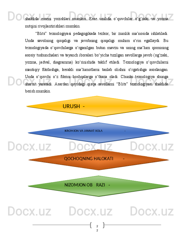 2
2  shaklida   esseni   yozishlari   mumkin.   Esse   usulida   o‘quvchilar   o‘g‘zaki   va   yozma
nutqini rivojlantirishlari mumkin. 
“Blits”   texnologiyasi   pedagogikada   tezkor,   bir   zumlik   ma’nosida   ishlatiladi.
Unda   savolning   qisqaligi   va   javobning   qisqaligi   muhim   o‘rin   egallaydi.   Bu
texnologiyada   o‘quvchilarga   o‘rganilgan   butun   mavzu   va   uning   ma’lum   qismining
asosiy tushunchalari va tayanch iboralari bo‘yicha tuzilgan savollarga javob (og‘zaki,
yozma,   jadval,   diagramma)   ko‘rinishida   taklif   etiladi.   Texnologiya   o‘quvchilarni
mantiqiy   fikrlashga,   kerakli   ma’lumotlarni   tanlab   olishni   o‘rgatishga   asoslangan.
Unda   o‘quvchi   o‘z   fikrini   boshqalarga   o‘tkaza   oladi.   Chunki   texnologiya   shunga
sharoit   yaratadi.   Asardan   quyidagi   qisqa   savollarni   “Blits”   texnologiyasi   shaklida
berish mumkin. 
 
 
 
  URUSH -  
IKROMJON VA JANNAT XOLA    -  
QOCHOQNING HALOKATI  -  
NIZOMJON OB RAZI  -