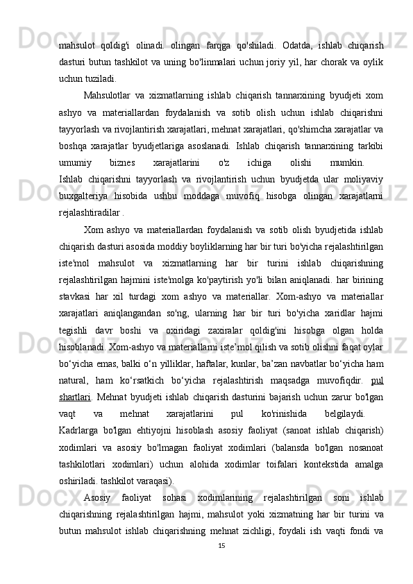 mahsulot   qoldig'i   olinadi.   olingan   farqga   qo'shiladi.   Odatda,   ishlab   chiqarish
dasturi   butun  tashkilot  va  uning  bo'linmalari   uchun  joriy  yil,  har  chorak  va  oylik
uchun tuziladi. 
Mahsulotlar   va   xizmatlarning   ishlab   chiqarish   tannarxining   byudjeti   xom
ashyo   va   materiallardan   foydalanish   va   sotib   olish   uchun   ishlab   chiqarishni
tayyorlash va rivojlantirish xarajatlari, mehnat xarajatlari, qo'shimcha xarajatlar va
boshqa   xarajatlar   byudjetlariga   asoslanadi.   Ishlab   chiqarish   tannarxining   tarkibi
umumiy   biznes   xarajatlarini   o'z   ichiga   olishi   mumkin.  
Ishlab   chiqarishni   tayyorlash   va   rivojlantirish   uchun   byudjetda   ular   moliyaviy
buxgalteriya   hisobida   ushbu   moddaga   muvofiq   hisobga   olingan   xarajatlarni
rejalashtiradilar . 
Xom   ashyo   va   materiallardan   foydalanish   va   sotib   olish   byudjetida   ishlab
chiqarish dasturi asosida moddiy boyliklarning har bir turi bo'yicha rejalashtirilgan
iste'mol   mahsulot   va   xizmatlarning   har   bir   turini   ishlab   chiqarishning
rejalashtirilgan   hajmini   iste'molga   ko'paytirish   yo'li   bilan   aniqlanadi.   har   birining
stavkasi   har   xil   turdagi   xom   ashyo   va   materiallar.   Xom-ashyo   va   materiallar
xarajatlari   aniqlangandan   so'ng,   ularning   har   bir   turi   bo'yicha   xaridlar   hajmi
tegishli   davr   boshi   va   oxiridagi   zaxiralar   qoldig'ini   hisobga   olgan   holda
hisoblanadi. Xom-ashyo va materiallarni iste’mol qilish va sotib olishni faqat oylar
bo‘yicha emas, balki o‘n yilliklar, haftalar, kunlar, ba’zan navbatlar bo‘yicha ham
natural,   ham   ko‘rsatkich   bo‘yicha   rejalashtirish   maqsadga   muvofiqdir.   pul
shartlari .   Mehnat   byudjeti   ishlab   chiqarish   dasturini   bajarish   uchun   zarur   bo'lgan
vaqt   va   mehnat   xarajatlarini   pul   ko'rinishida   belgilaydi.  
Kadrlarga   bo'lgan   ehtiyojni   hisoblash   asosiy   faoliyat   (sanoat   ishlab   chiqarish)
xodimlari   va   asosiy   bo'lmagan   faoliyat   xodimlari   (balansda   bo'lgan   nosanoat
tashkilotlari   xodimlari)   uchun   alohida   xodimlar   toifalari   kontekstida   amalga
oshiriladi. tashkilot varaqasi). 
Asosiy   faoliyat   sohasi   xodimlarining   rejalashtirilgan   soni   ishlab
chiqarishning   rejalashtirilgan   hajmi ,   mahsulot   yoki   xizmatning   har   bir   turini   va
butun   mahsulot   ishlab   chiqarishning   mehnat   zichligi ,   foydali   ish   vaqti   fondi   va
15