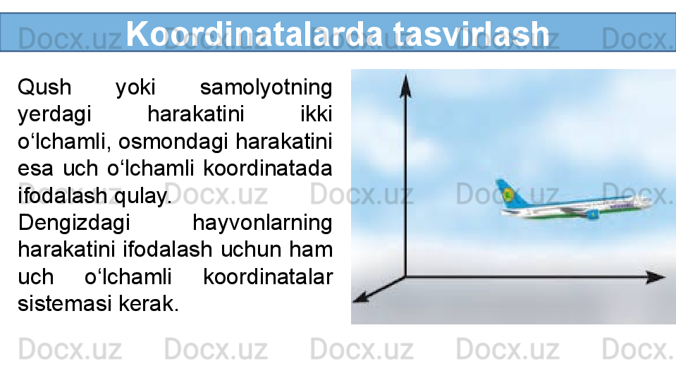 Koordinatalarda tasvirlash
Qush  yoki  samolyotning 
yerdagi  harakatini  ikki 
o‘lchamli, osmondagi harakatini 
esa  uch  o‘lchamli  koordinatada 
ifodalash qulay.
Dengizdagi  hayvonlarning 
harakatini ifodalash uchun ham 
uch  o‘lchamli  koordinatalar 
sistemasi kerak. 