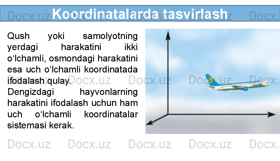 Koordinatalarda tasvirlash
Qush  yoki  samolyotning 
yerdagi  harakatini  ikki 
o‘lchamli, osmondagi harakatini 
esa  uch  o‘lchamli  koordinatada 
ifodalash qulay.
Dengizdagi  hayvonlarning 
harakatini ifodalash uchun ham 
uch  o‘lchamli  koordinatalar 
sistemasi kerak.