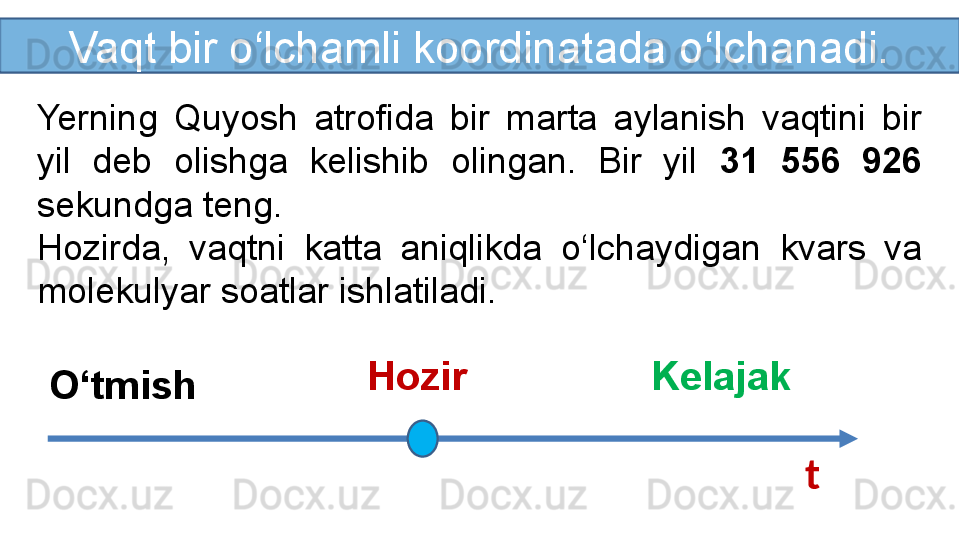 Vaqt bir o‘lchamli koordinatada o‘lchanadi.
Yerning  Quyosh  atrofida  bir  marta  aylanish  vaqtini  bir 
yil  deb  olishga  kelishib  olingan.  Bir  yil  31  556  926 
sekundga teng. 
Hozirda,  vaqtni  katta  aniqlikda  o‘lchaydigan  kvars  va 
molekulyar soatlar ishlatiladi. 
O‘tmish Hozir Kelajak
t
