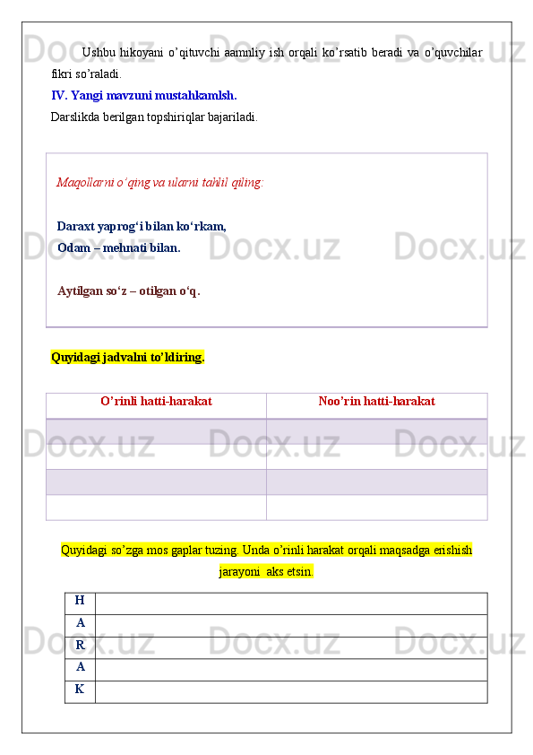 Ushbu   hikoyani   o’qituvchi   aamnliy   ish   orqali   ko’rsatib   beradi   va   o’quvchilar
fikri so’raladi.
IV. Yangi mavzuni mustahkamlsh. 
Darslikda berilgan topshiriqlar bajariladi.
Maqollarni o’qing va ularni tahlil qiling:
Daraxt yaprog‘i bilan ko‘rkam,
Odam – mehnati bilan.
Aytilgan so‘z – otilgan o‘q.
Quyidagi jadvalni to’ldiring. 
O’rinli hatti-harakat Noo’rin hatti-harakat
Quyidagi so’zga mos gaplar tuzing. Unda o’rinli harakat orqali maqsadga erishish
jarayoni  aks etsin.
H
A
R
A
K 