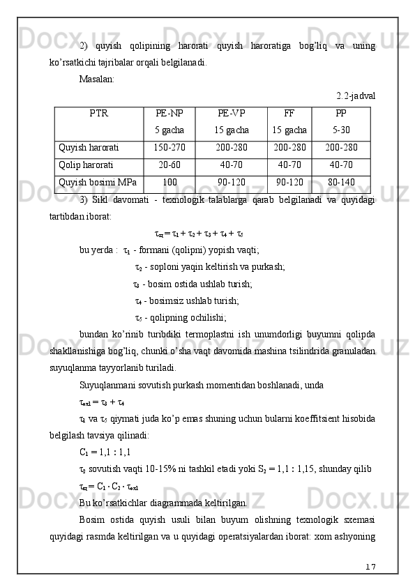 2)   quyish   qolipining   harorati   quyish   haroratiga   bog’liq   va   uning
ko’rsatkichi tajribalar orqali belgilanadi.
Masalan: 
2.2-jadval
PTR PE-NP
5 gacha PE-VP
15 gacha FF
15 gacha PP
5-30
Q uyish  h arorati 150-270 200-280 200-280 200-280
Q olip  h arorati 20-60 40-70 40-70 40-70
Q uyish bosimi M P a 100 90-120 90-120 80-140
3)   Sikl   davomati   -   texnologik   talablarga   qarab   belgilanadi   va   quyidagi
tartibdan iborat:
                                τ
ц  =  τ
1  +   τ
2  +   τ
3  +   τ
4  +   τ
5
bu yerda :  τ
1  - formani (qolipni) yopish vaqti;
                        τ
2  - soploni yaqin keltirish va purkash;
                       τ
3  - bosim ostida ushlab turish;
                        τ
4  - bosimsiz ushlab turish;
                        τ
5  - qolipning ochilishi;
bundan   ko’rinib   turibdiki   termoplastni   ish   unumdorligi   buyumni   qolipda
shakllanishiga bog’liq, chunki o’sha vaqt davomida mashina tsilindrida granuladan
suyuqlanma tayyorlanib turiladi. 
Suyuqlanmani sovutish purkash momentidan boshlanadi, unda
τ
oxl  =  τ
3   +   τ
4
τ
1  va  τ
5  qiymati juda ko’p emas shuning uchun bularni koeffitsient hisobida
belgilash tavsiya qilinadi: 
С
1  = 1,1    1,1
τ
2  sovutish vaqti 10-15% ni tashkil etadi yoki S
2  = 1,1    1,15, shunday qilib
τ
ц  =  С
1  С
2  τ
oxl
Bu ko’rsatkichlar diagrammada keltirilgan.
Bosim   ostida   quyish   usuli   bilan   buyum   olishning   texnologik   sxemasi
quyidagi rasmda keltirilgan va u quyidagi operatsiyalardan iborat: xom ashyoning
17 