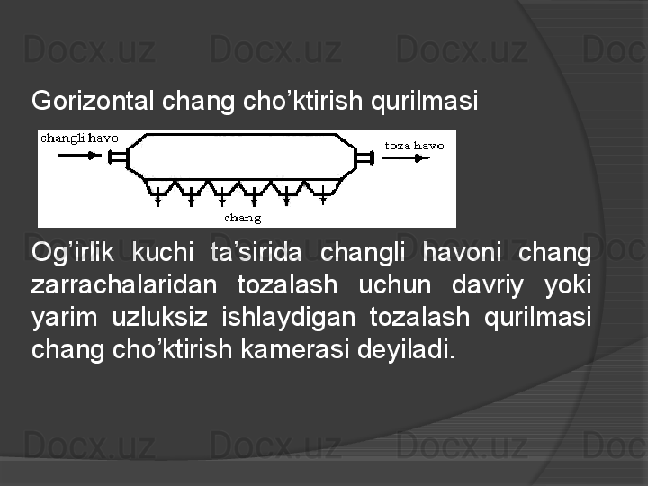 Gorizontal chang cho’ktirish qurilmasi
Og’irlik  kuchi  ta’sirida  changli  havoni  chang 
zarrachalaridan  tozalash  uchun  davriy  yoki 
yarim  uzluksiz  ishlaydigan  tozalash  qurilmasi 
chang cho’ktirish kamerasi deyiladi.     