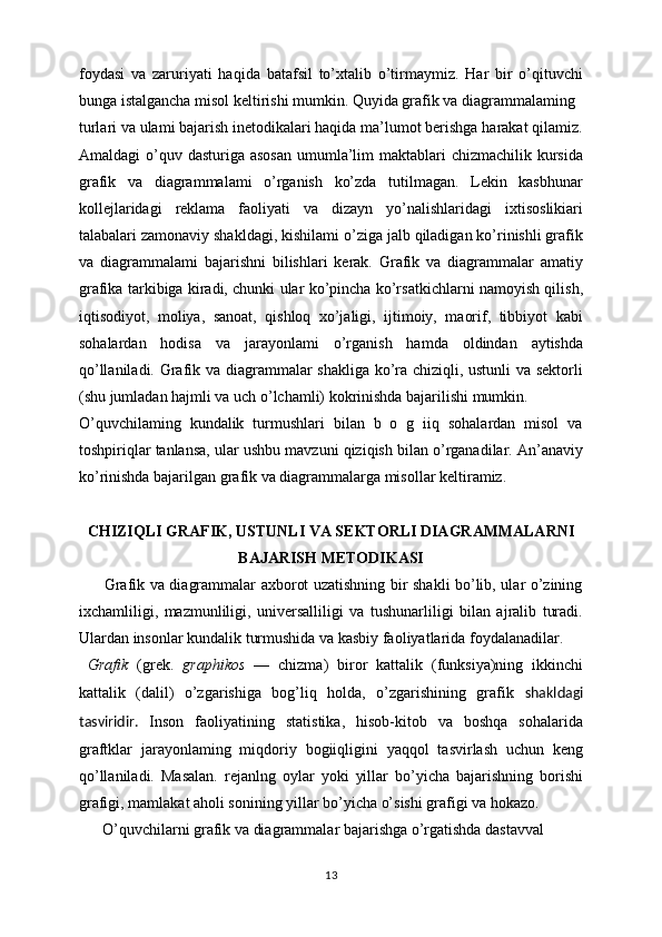 foydasi   va   zaruriyati   haqida   batafsil   to’xtalib   o’tirmaymiz.   Har   bir   o’qituvchi
bunga istalgancha misol keltirishi mumkin. Quyida grafik va diagrammalaming
turlari va ulami bajarish inetodikalari haqida ma’lumot berishga harakat qilamiz.
Amaldagi  o’quv dasturiga asosan  umumla’lim  maktablari  chizmachilik kursida
grafik   va   diagrammalami   o’rganish   ko’zda   tutilmagan.   Lekin   kasbhunar
kollejlaridagi   reklama   faoliyati   va   dizayn   yo’nalishlaridagi   ixtisoslikiari
talabalari zamonaviy shakldagi, kishilami o’ziga jalb qiladigan ko’rinishli grafik
va   diagrammalami   bajarishni   bilishlari   kerak.   Grafik   va   diagrammalar   amatiy
grafika tarkibiga kiradi, chunki ular ko’pincha ko’rsatkichlarni namoyish qilish,
iqtisodiyot,   moliya,   sanoat,   qishloq   xo’jaligi,   ijtimoiy,   maorif,   tibbiyot   kabi
sohalardan   hodisa   va   jarayonlami   o’rganish   hamda   oldindan   aytishda
qo’llaniladi. Grafik va diagrammalar shakliga ko’ra chiziqli, ustunli va sektorli
(shu jumladan hajmli va uch o’lchamli) kokrinishda bajarilishi mumkin.
O’quvchilaming   kundalik   turmushlari   bilan   b   o   g   iiq   sohalardan   misol   va
toshpiriqlar tanlansa, ular ushbu mavzuni qiziqish bilan o’rganadilar. An’anaviy
ko’rinishda bajarilgan grafik va diagrammalarga misollar keltiramiz.
CHIZIQLI GRAFIK, USTUNLI VA SEKTORLI DIAGRAMMALARNI
BAJARISH METODIKASI
         Grafik va diagrammalar axborot uzatishning bir shakli bo’lib, ular o’zining
ixchamliligi,   mazmunliligi,   universalliligi   va   tushunarliligi   bilan   ajralib   turadi.
Ulardan insonlar kundalik turmushida va kasbiy faoliyatlarida foydalanadilar.
  Grafik   (grek.   graphikos   —   chizma)   biror   kattalik   (funksiya)ning   ikkinchi
kattalik   (dalil)   o’zgarishiga   bog’liq   holda,   o’zgarishining   grafik   shakldagi
tasviridir.   Inson   faoliyatining   statistika,   hisob-kitob   va   boshqa   sohalarida
graftklar   jarayonlaming   miqdoriy   bogiiqligini   yaqqol   tasvirlash   uchun   keng
qo’llaniladi.   Masalan.   rejanlng   oylar   yoki   yillar   bo’yicha   bajarishning   borishi
grafigi, mamlakat aholi sonining yillar bo’yicha o’sishi grafigi va hokazo.
      O’quvchilarni grafik va diagrammalar bajarishga o’rgatishda dastavval
13 