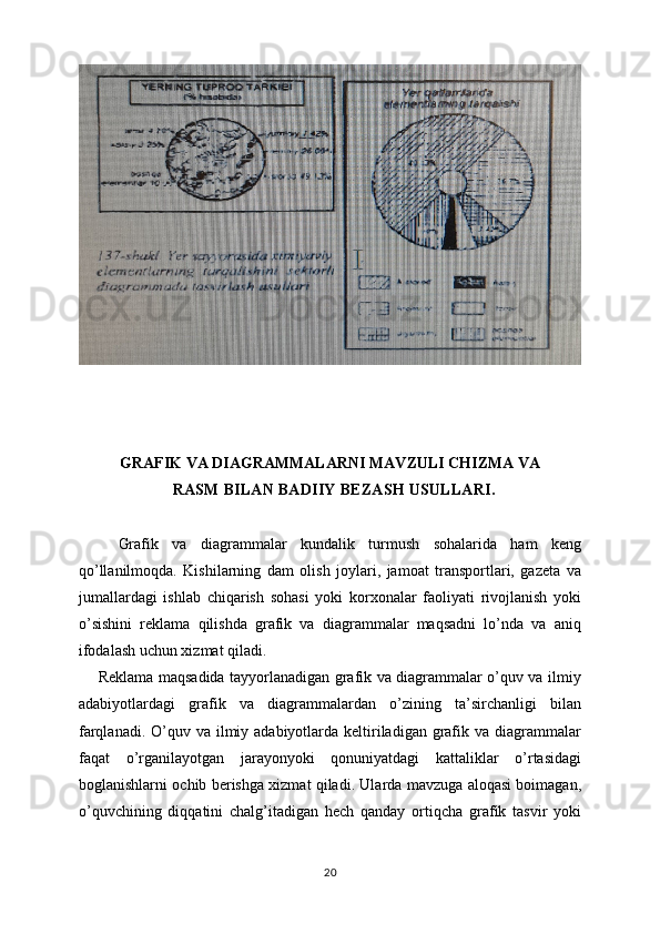 GRAFIK VA DIAGRAMMALARNI MAVZULI CHIZMA VA
RASM BILAN BADIIY BEZASH USULLARI .
Grafik   va   diagrammalar   kundalik   turmush   sohalarida   ham   keng
qo’llanilmoqda.   Kishilarning   dam   olish   joylari,   jamoat   transportlari,   gazeta   va
jumallardagi   ishlab   chiqarish   sohasi   yoki   korxonalar   faoliyati   rivojlanish   yoki
o’sishini   reklama   qilishda   grafik   va   diagrammalar   maqsadni   lo’nda   va   aniq
ifodalash uchun xizmat qiladi.
       Reklama maqsadida tayyorlanadigan grafik va diagrammalar o’quv va ilmiy
adabiyotlardagi   grafik   va   diagrammalardan   o’zining   ta’sirchanligi   bilan
farqlanadi. O’quv va ilmiy adabiyotlarda keltiriladigan grafik va diagrammalar
faqat   o’rganilayotgan   jarayonyoki   qonuniyatdagi   kattaliklar   o’rtasidagi
boglanishlarni ochib berishga xizmat qiladi. Ularda mavzuga aloqasi boimagan,
o’quvchining   diqqatini   chalg’itadigan   hech   qanday   ortiqcha   grafik   tasvir   yoki
20 