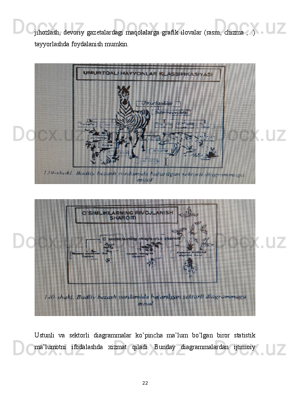 jihozlash,   devoriy   gazetalardagi   maqolalarga   grafik   ilovalar   (rasm,   chizma   ,...)
tayyorlashda foydalanish mumkin.
Ustunli   va   sektorli   diagrammalar   ko’pincha   ma’lum   bo’lgan   biror   statistik
ma’lumotni   ifodalashda   xizmat   qiladi.   Bunday   diagrammalardan   ijtimoiy
22 