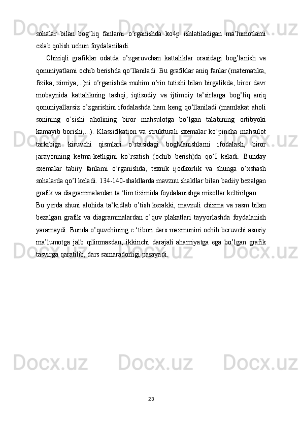 sohalar   bilan   bog’liq   fanlami   o’rganishda   ko4p   ishlatiladigan   ma’lumotlami
eslab qolish uchun foydalaniladi.
      Chiziqli   grafiklar   odatda   o’zgaruvchan   kattaliklar   orasidagi   bog’lanish   va
qonuniyatlami ochib berishda qo’llaniladi. Bu grafiklar aniq fanlar (matematika,
fizika, ximiya,...)ni o’rganishda muhim o’rin tutishi bilan birgalikda, biror davr
mobaynida   kattalikning   tashqi,   iqtisodiy   va   ijtimoiy   ta’sirlarga   bog’liq   aniq
qonuniyallarsiz o’zgarishini ifodalashda ham keng qo’llaniladi (mamlakat aholi
sonining   o’sishi   aholining   biror   mahsulotga   bo’lgan   talabining   ortibyoki
kamayib   borishi,...).   Klassifikation   va   strukturali   sxemalar   ko’pincha   mahsulot
tarkibiga   kiruvchi   qismlari   o’rtasidagi   bogManishlarni   ifodalash,   biror
jarayonning   ketma-ketligini   ko’rsatish   (ochib   berish)da   qo’I   keladi.   Bunday
sxemalar   tabiiy   fanlami   o’rganishda,   texnik   ijodkorlik   va   shunga   o’xshash
sohalarda qo’l keladi. 134-140-shakllarda mavzuu shakllar bilan badiiy bezalgan
grafik va diagrammalardan ta ‘lim tizimida foydalanishga misollar keltirilgan.
Bu yerda shuni  alohida ta’kidlab o’tish kerakki, mavzuli chizma va rasm  bilan
bezalgan   grafik   va   diagrammalardan   o’quv   plakatlari   tayyorlashda   foydalanish
yaramaydi. Bunda o’quvchining e ‘tibori dars mazmunini ochib beruvchi asosiy
ma’lumotga   jalb   qilinmasdan,   ikkinchi   darajali   ahamiyatga   ega   bo’lgan   grafik
tasvirga qaratilib, dars samaradorligi pasayadi.
23