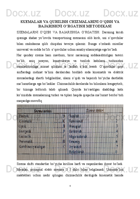 SXEMALAR VA QURILISH CHIZMALARINI O’QISH VA
BAJARISHNI O’RGATISH METODIKASI
SXEMALARNI   O’QISH   VA   BAJARISHGA   O’RGATISH .   Darsning   kirish
qismiga   shahar   yo’lovchi   transportining   sxemasini   olib   kirib,   uni   o’quvchilar
bilan   muhokama   qilib   chiqishni   tavsiya   qilamiz.   Bunga   o’xshash   misollar
universal va sodda bo’lib. o’quvchilar uchun amaliy ahamiyatga ega bo’ladi.
Har   qanday   sxema   ham   mavhum,   biror   narsaning   soddaiashtirilgan   tasviri
bo’lib,   aniq   jarayon,   konstruksiya   va   tuzilish   kabilami   tushinishni
osonlashtirishga   xizmat   qilishini   ta   ‘kidlab   o’tish   kerak.   O’quvchilar   quyi
sinflardagi   mehnat   ta’limi   darslaridan   boshlab   soda   kinematik   va   elektrik
sxemalardagi   shartli   belgilashlar,   ulami   o’qish   va   bajarish   bo’yicha   dastlabki
ma’lumotlarga ega bo’ladilar. Chizmachilik darslarida bu bilimlami kengaytirib,
bir   tizimga   keltirish   talab   qilinadi.   Quyida   ko’rsatilgan   shakldagi   kabi
ko’rinishda sxemalarning turlari va tiplari haqida qisqacha ma’lumot beribo’tish
maqsadga muvofiq.
Sxema   shifri   standartlar   bo’yicha   kirillisa   harfi   va   raqamlardan   iborat   bo’ladi.
Masalan,   prinsipial   elektr   sxemasi   3   3   shilri   bilan   belgilanadi.   Umumta’lim
maktablari   uchun   nashr   qilingan   chizmachilik   darsligida   kinematik   hamda
4