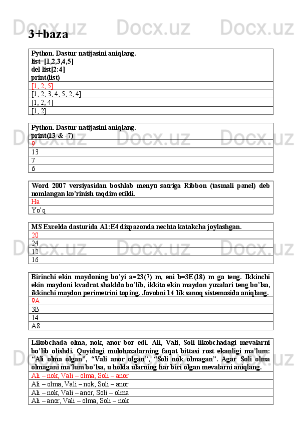 3+baza
Python. Dastur natijasini aniqlang.
list=[1,2,3,4,5]
del list[2:4]
print(list)
[1, 2, 5]
[1, 2, 3, 4, 5, 2, 4]
[1, 2, 4]
[1, 2]
Python. Dastur natijasini aniqlang.
print(13 & -7)
9
13
7
6
Word   2007   versiyasidan   boshlab   menyu   satriga   Ribbon   (tasmali   panel)   deb
nomlangan ko’rinish taqdim etildi.
Ha
Yo’q
MS Excelda dasturida A1:E4 dizpazonda nechta katakcha joylashgan.
20
24
12
16
Birinchi   ekin   maydoning   bo’yi   a=23(7)   m,   eni   b=3E(18)   m   ga   teng.   Ikkinchi
ekin maydoni kvadrat shaklda bo’lib, ikkita ekin maydon yuzalari teng bo’lsa,
ikkinchi maydon perimetrini toping. Javobni 14 lik sanoq sistemasida aniqlang.
9A
3B
14
A8
Likobchada   olma,   nok,   anor   bor   edi.   Ali,   Vali,   Soli   likobchadagi   mevalarni
bo’lib   olishdi.   Quyidagi   mulohazalarning   faqat   bittasi   rost   ekanligi   ma’lum:
“Ali   olma   olgan”,   “Vali   anor   olgan”,   “Soli   nok   olmagan”.   Agar   Soli   olma
olmagani ma’lum bo’lsa, u holda ularning har biri olgan mevalarni aniqlang.
Ali – nok, Vali – olma, Soli – anor
Ali – olma, Vali – nok, Soli – anor
Ali – nok, Vali – anor, Soli – olma
Ali – anor, Vali – olma, Soli – nok 