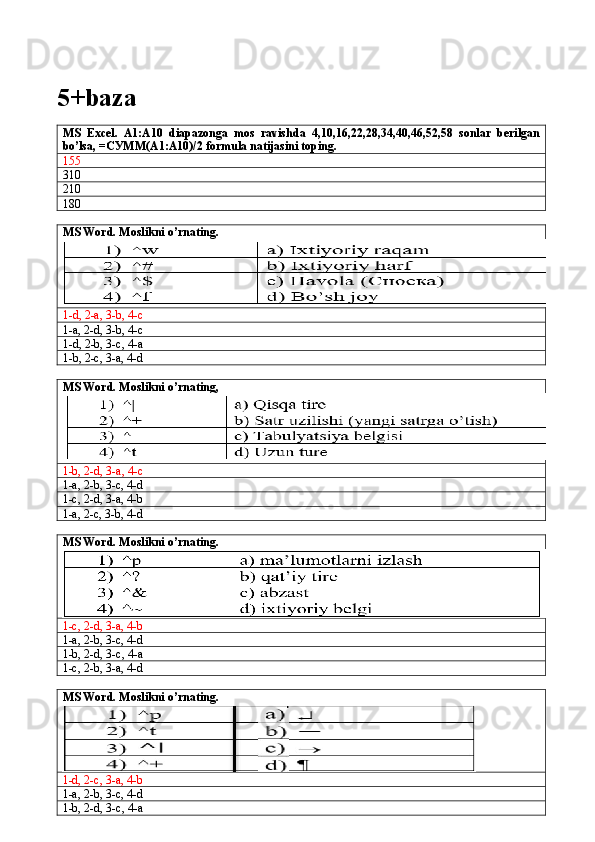 5+baza
MS   Excel.   A1:A10   diapazonga   mos   ravishda   4,10,16,22,28,34,40,46,52,58   sonlar   berilgan
bo’lsa, =СУММ(A1:A10)/2 formula natijasini toping.
155
310
210
180
MS Word. Moslikni o’rnating.
1- d, 2-a, 3-b, 4-c
1- a, 2-d, 3-b, 4-c
1- d, 2-b, 3-c, 4-a
1- b, 2-c, 3-a, 4-d
MS Word. Moslikni o’rnating,
1-b, 2-d, 3-a, 4-c
1-a, 2-b, 3-c, 4-d
1-c, 2-d, 3-a, 4-b
1-a, 2-c, 3-b, 4-d
MS Word. Moslikni o’rnating.
1-c, 2-d, 3-a, 4-b
1-a, 2-b, 3-c, 4-d
1-b, 2-d, 3-c, 4-a
1-c, 2-b, 3-a, 4-d
MS Word. Moslikni o’rnating.
1-d, 2-c, 3-a, 4-b
1-a, 2-b, 3-c, 4-d
1-b, 2-d, 3-c, 4-a 