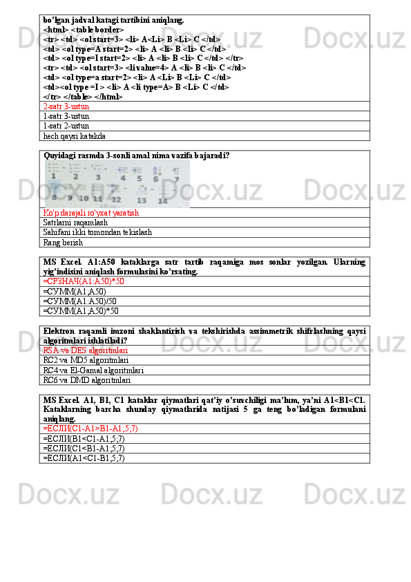 bo’lgan jadval katagi tartibini aniqlang.
<html> <table border> 
<tr> <td> <ol start=3> <li> A<Li> B <Li> C </td> 
<td> <ol type=A start=2> <li> A <li> B <li> C </td> 
<td> <ol type=I start=2> <li> A <li> B <li> C </td> </tr> 
<tr> <td> <ol start=3> <li value=4> A <li> B <li> C </td> 
<td> <ol type=a start=2> <li> A <Li> B <Li> C </td> 
<td><ol type =I > <li> A <li type=A> B <Li> C </td> 
</tr> </table> </html>
2-satr 3-ustun
1-satr 3-ustun
1-satr 2-ustun
hech qaysi katakda
Quyidagi rasmda 3-sonli amal nima vazifa bajaradi?
 
Ko'p darajali ro'yxat yaratish
Satrlarni raqamlash
Sahifani ikki tomondan tekislash
Rang berish
MS   Excel.   A1:A50   kataklarga   satr   tartib   raqamiga   mos   sonlar   yozilgan.   Ularning
yig’indisini aniqlash formulasini ko’rsating.
=СРЗНАЧ( A1:A50) * 50
=СУММ( A1;A50)
=СУММ( A1:A50)/50
=СУММ( A1;A50) *50
Elektron   raqamli   imzoni   shaklantirish   va   tekshirishda   assimmetrik   shifrlashning   qaysi
algoritmlari ishlatiladi?
RSA va DES algoritmlari
RC2 va MD5 algoritmlari
RC4 va El-Gamal algoritmlari
RC6 va DMD algoritmlari
MS   Excel.   A1,   B1,   C1   kataklar   qiymatlari   qat’iy   o’suvchiligi   ma’lum,   ya’ni   A1<B1<C1.
Kataklarning   barcha   shunday   qiymatlarida   natijasi   5   ga   teng   bo’ladigan   formulani
aniqlang.
=ЕСЛИ( C1-A1>B1-A1;5;7)
=ЕСЛИ( B1<C1-A1;5;7)
=ЕСЛИ( C1<B1-A1;5;7)
=ЕСЛИ( A1<C1-B1;5;7) 