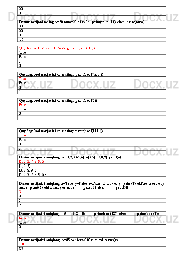 20
0
Dastur natijani toping. x=20 num=20  if x>0:    print(num+10)  else:   print(num)
30
20
0
-15
Quyidagi kod natijasini ko‘rsating:   print(bool(-10))
True
False
1
0
Quyidagi kod natijasini ko‘rsating:   print(bool(‘abc’))
True
False
0
1
Quyidagi kod natijasini ko‘rsating:   print(bool(0))
False
True
0
1
Quyidagi kod natijasini ko‘rsating:   print(bool(1111))
True
False
0
1
Dastur natijasini aniqlang.  a=[1,2,3,4,5,6]  a[3:5]=[7,8,9]  print(a)
[1, 2, 3, 7, 8, 9, 6]
[1, 2, 3]
[3, 7, 8, 9, 6]
[1, 2, 3, 7, 8, 9, 6,3]
Dastur natijasini aniqlang. x=True  y=False  z=False  if not x or y:  print(1)  elif not x or not y
and z:  print(2)  elif x and y or not z:   print(3)  else:   print(4)
3
4
1
2
Dastur natijasini aniqlang. i=5  if i%2==0:  print(bool(12))  else:   print(bool(0))
False
True
0
1
Dastur natijasini aniqlang.  x=85  while(x<100):  x+=4   print(x)
101
85 