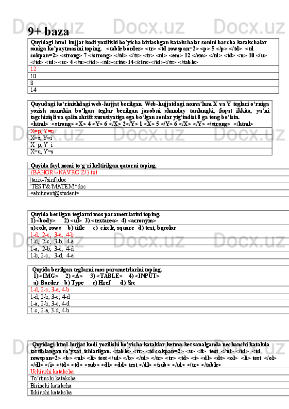 9+ baza
Quyidagi html-hujjat kodi yozilishi bo’yicha birlashgan katakchalar sonini barcha katakchalar 
soniga ko’paytmasini toping.   <table border> <tr> <td rowspan=2> <p> 5 </p> </td>  <td  
colspan=2> <strong> 7 </strong> </td> </tr> <tr> <td> <em> 12 </em> </td> <td> <u> 10 </u> 
</td> <td> <u> 4 </u></td> <td><cite>14</cite></td></tr> </table>
12
10
8
14
  
Quyudagi ko‘rinishdagi web-hujjat berilgan. Web-hujjatdagi noma’lum X va Y teglari o‘rniga
yozish   mumkin   bo‘lgan   teglar   berilgan   javobni   shunday   tanlangki,   faqat   ikkita,   ya’ni
tagchiziqli va qalin shrift xususiyatiga ega bo‘lgan sonlar yig‘indisi 8 ga teng bo‘lsin.
<html>  <strong> <X> 4 <Y> 6 </X> 2</Y> 1 <X> 5 </Y> 6 </X> </Y> </strong>  </html>
X=p, Y=u      
X=s, Y=i
X=p, Y=i      
X=u, Y=s       
Quyida fayl nomi to`g`ri keltirilgan qatorni toping.
{BAHOR!~NAVRO`Z!}.txt
|tarix-7sinf|.doc
'TEST'&'MATEM'*doc
<abiturent@student>
 
Quyida berilgan teglarni mos parametrlarini toping.
1) <body>      2) <ul>  3) <textarea>  4) <acronym>
a) cols, rows     b) title      c)  circle, square   d) text, bgcolor
1-d,  2-c,  3-a,  4-b
1-d,  2-c,  3-b,  4-a
1-a,  2-b,  3-c,  4-d
1-b, 2-c,   3-d,  4-a
 Quyida berilgan teglarni mos parametrlarini toping.
  1) <IMG>     2) <A>     3) <TABLE>    4) <INPUT>
  a)  Border    b) Type      c) Href       d) Src
1-d, 2-c, 3-a, 4-b
1-d, 2-b, 3-c, 4-d
1-a, 2-b, 3-c, 4-d
1-c, 2-a, 3-d, 4-b
 Quyidagi html-hujjat kodi yozilishi bo’yicha kataklar ketma-ket sanalganda nechanchi katakda 
tartiblangan ro’yxat  ishlatilgan. <table> <tr> <td colspan=2> <u> <li>  test  </ul> </td>  <td 
rowspan=2> <b> <ul> <li> test </ul> </b> </td> </tr> <tr> <td> <i> <dl> <dt> <ol>  <li> test  </ol> 
</dl> </i> </td> <td> <sub> <dl> <dd> test </dl> </sub> </td> </tr> </table>
Uchinchi katakcha
To’rtinchi katakcha 
Birinchi katakcha
Ikkinchi katakcha 