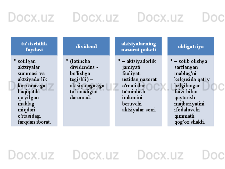 ta ' sischilik  
foydasi
•
sotilgan  
aktsiyalar  
summasi   va  
aktsiyadorlik  
korxonasiga  
haqiqatda  
qo'yilgan  
mablag'  
miqdori  
o'rtasidagi  
farqdan   iborat . divid е nd
•
( lotincha  
dividendus - 
bo'lishga  
t е gishli ) – 
aktsiya   egasiga  
to'lanadigan  
daromad .  aktsiyalarning  
nazorat   pak е ti
•
–  aktsiyadorlik  
jamiyati  
faoliyati  
ustidan   nazorat  
o'rnatishni  
ta ' minlash  
imkonini  
b е ruvchi  
aktsiyalar   soni .  obligatsiya
•
–  sotib   olishga  
sarflangan  
mablag'ni  
k е lgusida   qat ' iy  
b е lgilangan  
foizi   bilan  
qaytarish  
majburiyatini  
ifodalovchi  
qimmatli  
qog'oz   shakli .          