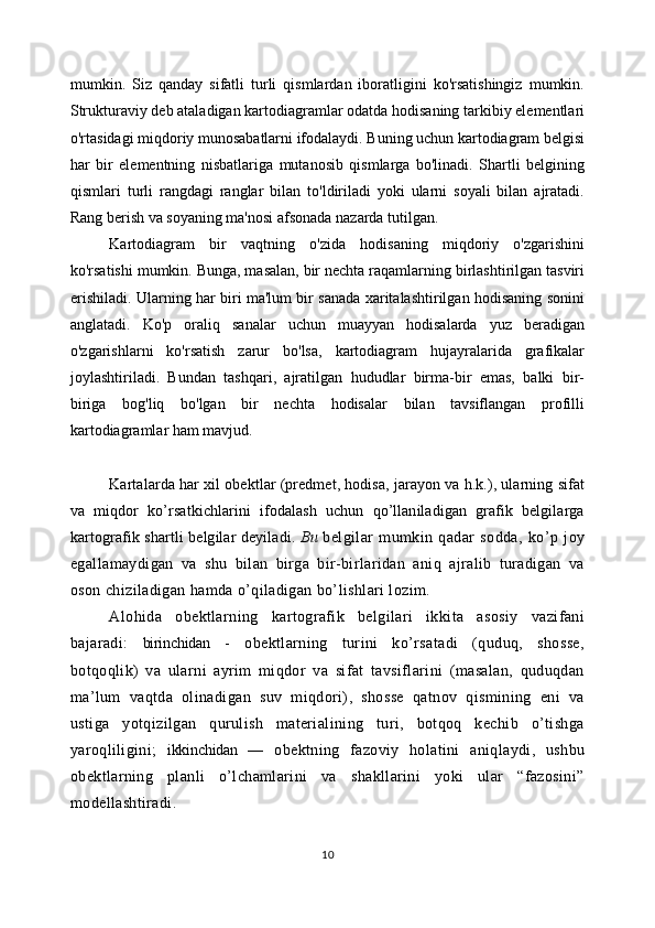 mumkin.   Siz   qanday   sifatli   turli   qismlardan   iboratligini   ko'rsatishingiz   mumkin.
Strukturaviy deb ataladigan kartodiagramlar odatda hodisaning tarkibiy elementlari
o'rtasidagi miqdoriy munosabatlarni ifodalaydi. Buning uchun kartodiagram belgisi
har   bir   elementning   nisbatlariga   mutanosib   qismlarga   bo'linadi.   Shartli   belgining
qismlari   turli   rangdagi   ranglar   bilan   to'ldiriladi   yoki   ularni   soyali   bilan   ajratadi.
Rang berish va soyaning ma'nosi afsonada nazarda tutilgan. 
Kartodiagram   bir   vaqtning   o'zida   hodisaning   miqdoriy   o'zgarishini
ko'rsatishi mumkin. Bunga, masalan, bir nechta raqamlarning birlashtirilgan tasviri
erishiladi. Ularning har biri ma'lum bir sanada xaritalashtirilgan hodisaning sonini
anglatadi.   Ko'p   oraliq   sanalar   uchun   muayyan   hodisalarda   yuz   beradigan
o'zgarishlarni   ko'rsatish   zarur   bo'lsa,   kartodiagram   hujayralarida   grafikalar
joylashtiriladi.   Bundan   tashqari,   ajratilgan   hududlar   birma-bir   emas,   balki   bir-
biriga   bog'liq   bo'lgan   bir   nechta   hodisalar   bilan   tavsiflangan   profilli
kartodiagramlar ham mavjud.
Kartalarda har xil obektlar (predmet, hodisa, jarayon va h.k.), ularning sifat
va   miqdor   ko’rsatkichlarini   ifodalash   uchun   qo’llaniladigan   grafik   belgilarga
kartografik shartli belgilar deyiladi.   Bu   belgilar   mumkin   qadar   sodda,   ko’p   joy
egallamaydigan   va   shu   bilan   birga   bir-birlaridan   aniq   ajralib   turadigan   va
oson chiziladigan hamda o’qiladigan bo’lishlari lozim.
Alohida   obektlarning   kartografik   belgilari   ikkita   asosiy   vazifani
bajaradi:   birinchidan   -   obektlarning   turini   ko’rsatadi   (quduq,   shosse,
botqoqlik)   va   ularni   ayrim   miqdor   va   sifat   tavsiflarini   (masalan,   quduqdan
ma’lum   vaqtda   olinadigan   suv   miqdori),   shosse   qatnov   qismining   eni   va
ustiga   yotqizilgan   qurulish   materialining   turi,   botqoq   kechib   o’tishga
yaroqliligini;   ikkinchidan   —   obektning   fazoviy   holatini   aniqlaydi,   ushbu
obektlarning   planli   o’lchamlarini   va   shakllarini   yoki   ular   “fazosini”
modellashtiradi.
10 