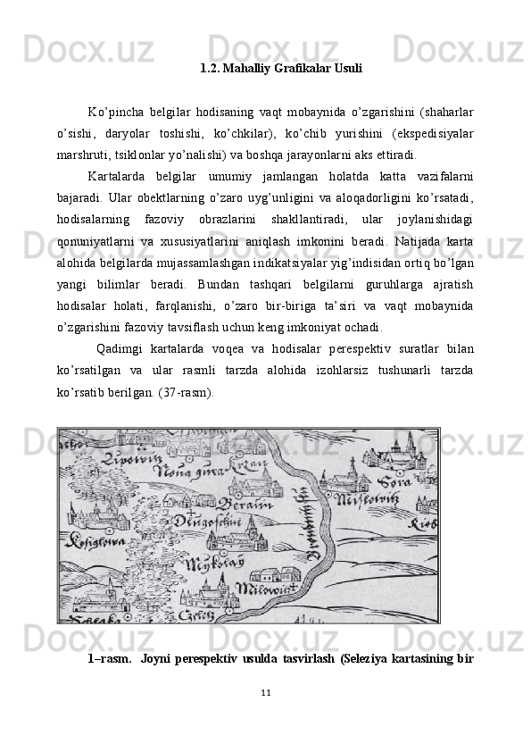 1.2. Mahalliy Grafikalar Usuli
Ko’pincha   belgilar   hodisaning   vaqt   mobaynida   o’zgarishini   (shaharlar
o’sishi,   daryolar   toshishi,   ko’chkilar),   ko’chib   yurishini   (ekspedisiyalar
marshruti, tsiklonlar yo’nalishi) va boshqa jarayonlarni aks ettiradi.
Kartalarda   belgilar   umumiy   jamlangan   holatda   k atta   vazifalarni
bajaradi.   Ular   obektlarning   o’zaro   uyg’unligini   va   aloqadorligini   ko’rsatadi,
hodisalarning   fazoviy   obrazlarini   shakllantiradi,   ular   joylanishidagi
qonuniyatlarni   va   xususiyatlarini   aniqlash   imkonini   beradi.   Natijada   karta
alohida belgilarda mujassamlashgan in dikats iyalar yig’indisidan ortiq bo’lgan
yangi   bilimlar   beradi.   Bundan   tashqari   belgilarni   guruhlarga   ajratish
hodisalar   holati,   farqlanishi,   o’zaro   bir-biriga   ta’siri   va   vaqt   mobaynida
o’zgarishini fazoviy tavsiflash uchun keng imkoniyat ochadi.
  Qadimgi   kartalarda   voqea   va   hodisalar   perespektiv   suratlar   bilan
ko’rsatilgan   va   ular   rasmli   tarzda   alohida   izohlarsiz   tushunarli   tarzda
ko’rsatib berilgan. ( 37 -rasm).
1 –rasm.     Joyni   perespektiv   usulda   tasvirlash   (Seleziya   kartasining   bir
11