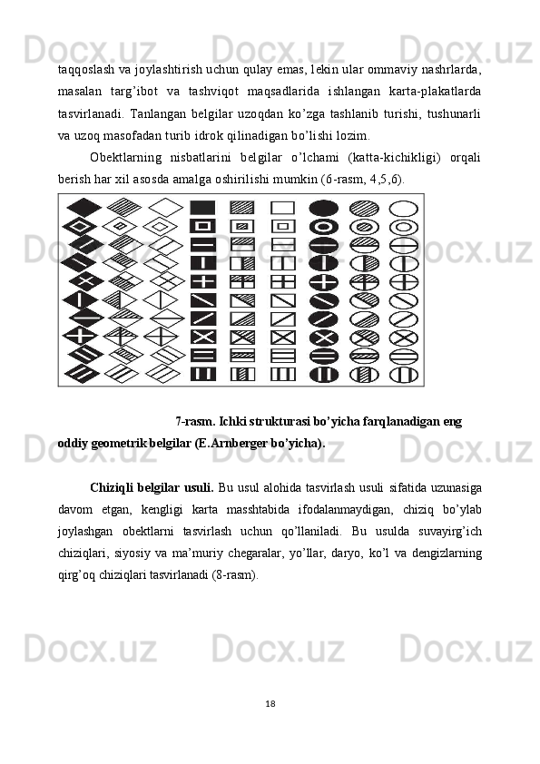 taqqoslash va joylashtirish uchun qulay emas, lekin ular ommaviy nashrlarda,
masalan   targ’ibot   va   tashviqot   maqsadlarida   ishlangan   karta-plakatlarda
tasvirlanadi.   Tanlangan   belgilar   uzoqdan   ko’zga   tashlanib   turishi,   tushunarli
va uzoq masofadan turib idrok qilinadigan bo’lishi lozim.
Obektlarning   nisbatlarini   belgilar   o’lchami   (katta-kichikligi)   orqali
berish har xil asosda amalga oshirilishi mumkin (6-rasm, 4,5,6).
7-rasm.  Ichki strukturasi bo’yicha farqlanadigan eng 
oddiy geometrik belgilar (E.Arnberger bo’yicha).
Chiziqli   belgilar   usuli.   Bu   usul   alohida   tasvirlash   usuli   sifatida   uzunasiga
davom   etgan,   kengligi   karta   masshtabida   ifodalanmaydigan,   chiziq   bo’ylab
joylashgan   obektlarni   tasvirlash   uchun   qo’llaniladi.   Bu   usulda   suvayirg’ich
chiziqlari,   siyosiy   va   ma’muriy   chegaralar,   yo’llar,   daryo,   ko’l   va   dengizlarning
qirg’oq chiziqlari tasvirlanadi (8-rasm).
18 