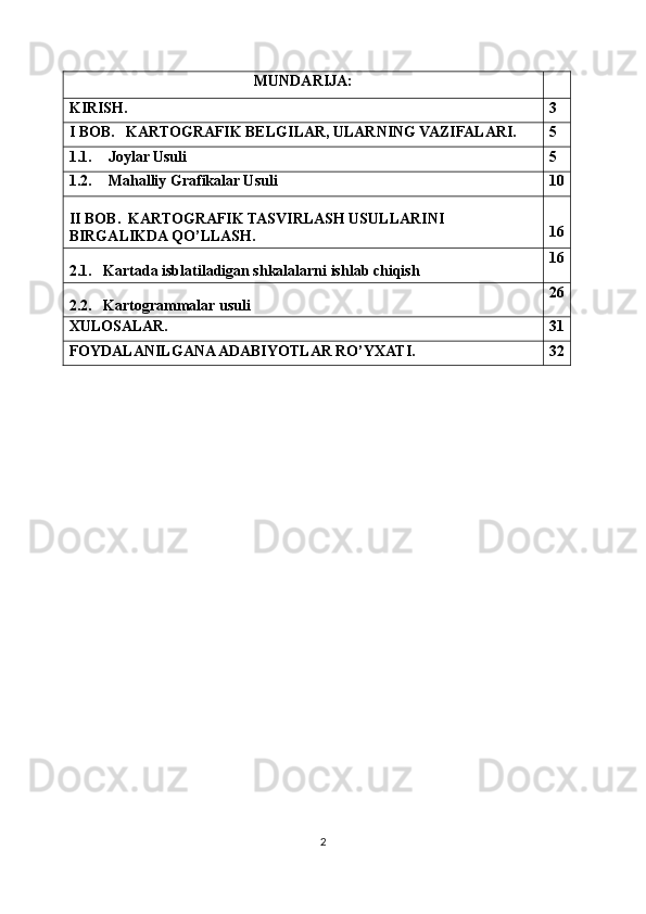 2MUNDARIJA:
KIRISH. 3
I BOB.   KARTOGRAFIK BELGILAR, ULARNING VAZIFALARI. 5
1.1. Joylar Usuli 5
1.2. Mahalliy Grafikalar Usuli 10
II BOB.  KARTOGRAFIK TASVIRLASH USULLARINI 
BIRGALIKDA QO’LLASH. 16
2.1.   Kartada isblatiladigan shkalalarni ishlab chiqish 16
2.2.    Kartogrammalar usuli 26
XULOSALAR. 31
FOYDALANILGANA ADABIYOTLAR RO’YXATI. 32 