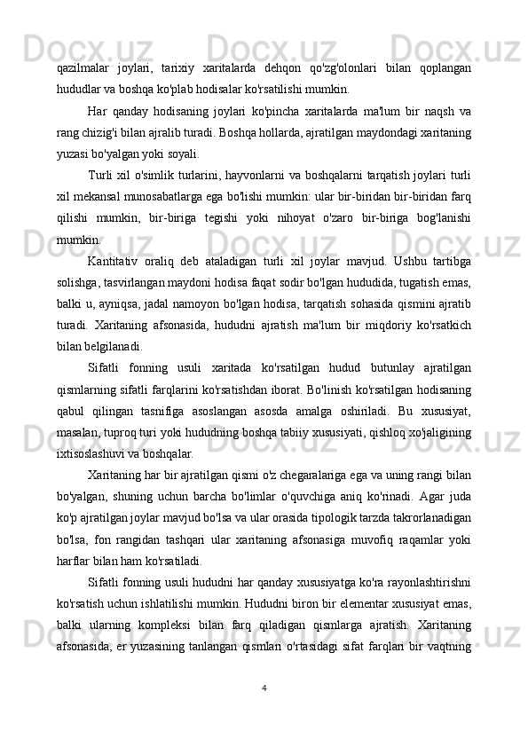 qazilmalar   joylari,   tarixiy   xaritalarda   dehqon   qo'zg'olonlari   bilan   qoplangan
hududlar va boshqa ko'plab hodisalar ko'rsatilishi mumkin.
Har   qanday   hodisaning   joylari   ko'pincha   xaritalarda   ma'lum   bir   naqsh   va
rang chizig'i bilan ajralib turadi. Boshqa hollarda, ajratilgan maydondagi xaritaning
yuzasi bo'yalgan yoki soyali. 
Turli xil o'simlik turlarini, hayvonlarni va boshqalarni tarqatish joylari turli
xil mekansal munosabatlarga ega bo'lishi mumkin: ular bir-biridan bir-biridan farq
qilishi   mumkin,   bir-biriga   tegishi   yoki   nihoyat   o'zaro   bir-biriga   bog'lanishi
mumkin. 
Kantitativ   oraliq   deb   ataladigan   turli   xil   joylar   mavjud.   Ushbu   tartibga
solishga, tasvirlangan maydoni hodisa faqat sodir bo'lgan hududida, tugatish emas,
balki u, ayniqsa, jadal  namoyon bo'lgan hodisa, tarqatish sohasida  qismini ajratib
turadi.   Xaritaning   afsonasida,   hududni   ajratish   ma'lum   bir   miqdoriy   ko'rsatkich
bilan belgilanadi.  
Sifatli   fonning   usuli   xaritada   ko'rsatilgan   hudud   butunlay   ajratilgan
qismlarning sifatli farqlarini ko'rsatishdan iborat. Bo'linish ko'rsatilgan hodisaning
qabul   qilingan   tasnifiga   asoslangan   asosda   amalga   oshiriladi.   Bu   xususiyat,
masalan, tuproq turi yoki hududning boshqa tabiiy xususiyati, qishloq xo'jaligining
ixtisoslashuvi va boshqalar.
Xaritaning har bir ajratilgan qismi o'z chegaralariga ega va uning rangi bilan
bo'yalgan,   shuning   uchun   barcha   bo'limlar   o'quvchiga   aniq   ko'rinadi.   Agar   juda
ko'p ajratilgan joylar mavjud bo'lsa va ular orasida tipologik tarzda takrorlanadigan
bo'lsa,   fon   rangidan   tashqari   ular   xaritaning   afsonasiga   muvofiq   raqamlar   yoki
harflar bilan ham ko'rsatiladi. 
Sifatli fonning usuli hududni har qanday xususiyatga ko'ra rayonlashtirishni
ko'rsatish uchun ishlatilishi mumkin. Hududni biron bir elementar xususiyat emas,
balki   ularning   kompleksi   bilan   farq   qiladigan   qismlarga   ajratish.   Xaritaning
afsonasida,   er   yuzasining   tanlangan   qismlari   o'rtasidagi   sifat   farqlari   bir   vaqtning
4 