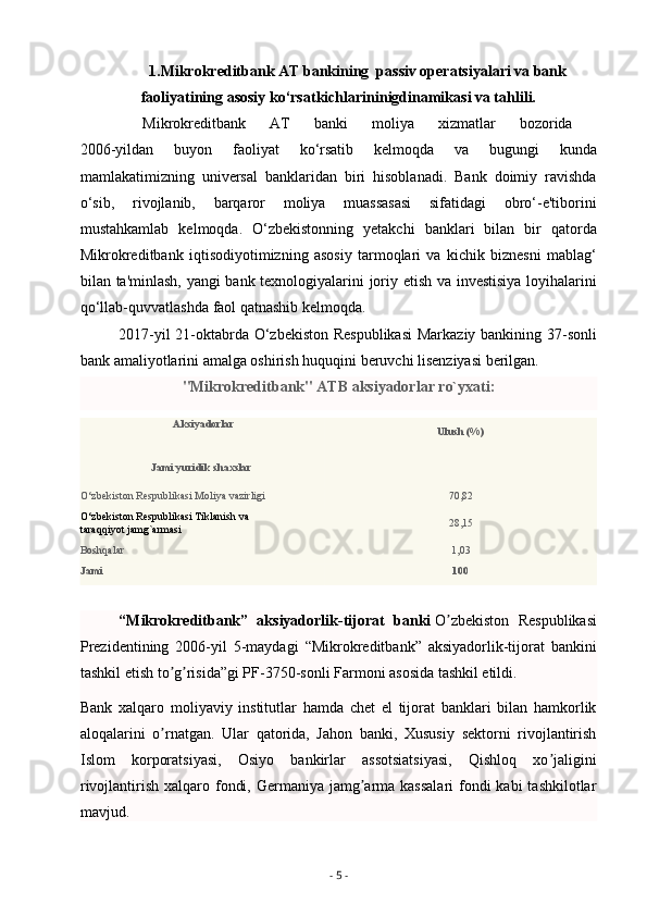 1.Mikrokreditbank AT bankining  passiv operatsiyalari va bank
faoliyatining asosiy ko‘rsatkichlarininigdinamikasi va tahlili.
  Mikrokreditbank   AT   banki   moliya   xizmatlar   bozorida  
2006-yildan   buyon   faoliyat   ko‘rsatib   kelmoqda   va   bugungi   kunda
mamlakatimizning   universal   banklaridan   biri   hisoblanadi.   Bank   doimiy   ravishda
o‘sib,   rivojlanib,   barqaror   moliya   muassasasi   sifatidagi   obro‘-e'tiborini
mustahkamlab   kelmoqda.   O‘zbekistonning   yetakchi   banklari   bilan   bir   qatorda
Mikrokreditbank   iqtisodiyotimizning   asosiy   tarmoqlari   va   kichik   biznesni   mablag‘
bilan ta'minlash, yangi bank texnologiyalarini joriy etish va investisiya loyihalarini
qo‘llab-quvvatlashda faol qatnashib kelmoqda.
2017-yil 21-oktabrda O‘zbekiston Respublikasi  Markaziy bankining 37-sonli
bank amaliyotlarini amalga oshirish huquqini beruvchi lisenziyasi berilgan. 
"Mikrokreditbank" ATB aksiyadorlar ro`yxati:
  Aksiyadorlar
Ulush (%)
Jami yuridik shaxslar  
O‘zbekiston Respublikasi Moliya vazirligi   70,82
O‘zbekiston Respublikasi Tiklanish va 
taraqqiyot jamg`armasi   28,15
Boshqalar 1,03
Jami 100
“Mikrokreditbank”   aksiyadorlik-tijorat   banki   O zbekiston   Respublikasiʼ
Prezidentining   2006-yil   5-maydagi   “Mikrokreditbank”   aksiyadorlik-tijorat   bankini
tashkil etish to g risida”gi PF-3750-sonli Farmoni asosida tashkil etildi.	
ʼ ʼ
Bank   xalqaro   moliyaviy   institutlar   hamda   chet   el   tijorat   banklari   bilan   hamkorlik
aloqalarini   o rnatgan.   Ular   qatorida,   Jahon   banki,   Xususiy   sektorni   rivojlantirish
ʼ
Islom   korporatsiyasi,   Osiyo   bankirlar   assotsiatsiyasi,   Qishloq   xo jaligini	
ʼ
rivojlantirish xalqaro fondi, Germaniya jamg arma kassalari  fondi  kabi  tashkilotlar	
ʼ
mavjud.
-  5  - 